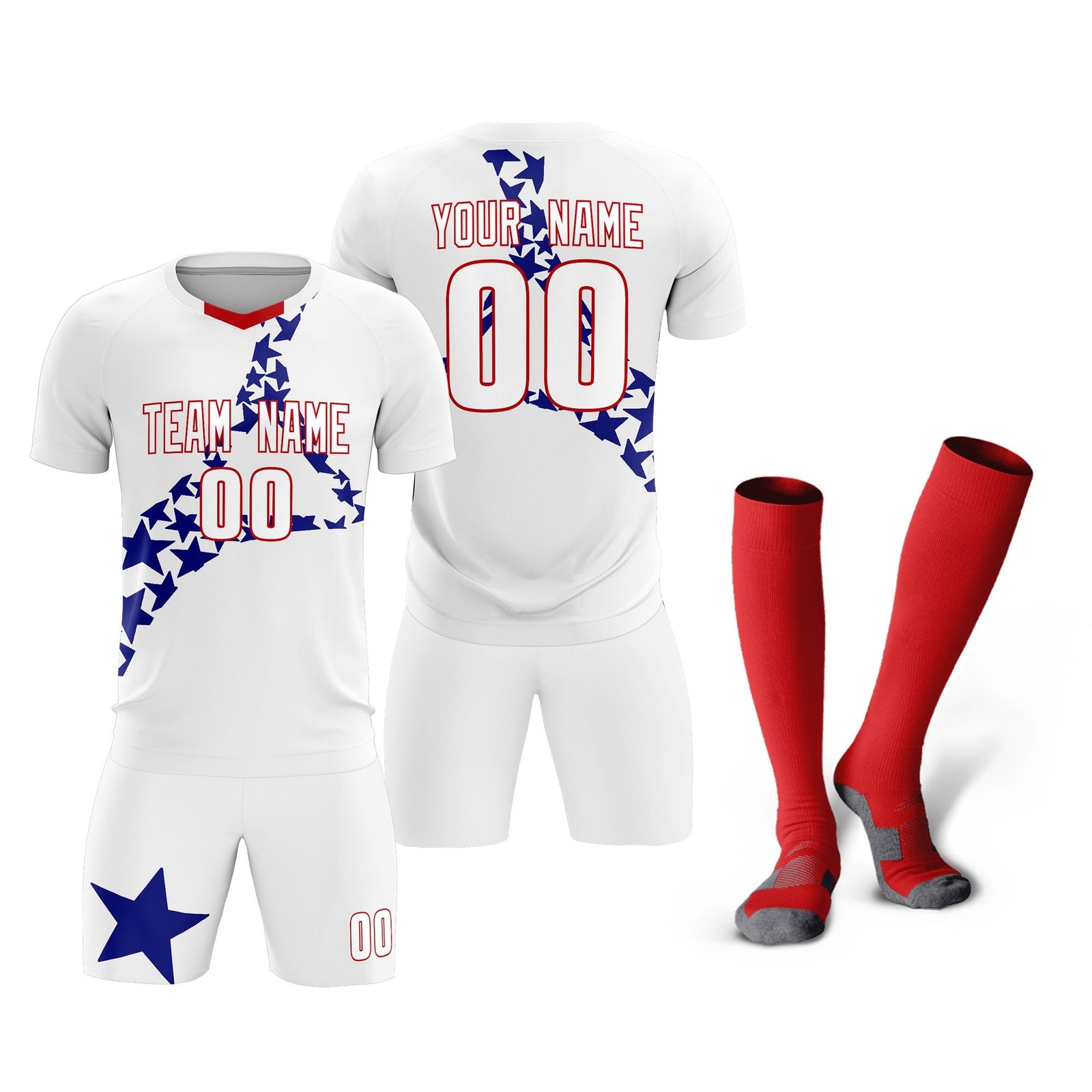 Custom White Royal America Star World Cup Inspired Drapable Graffiti Pattern Soccer Sets Jersey