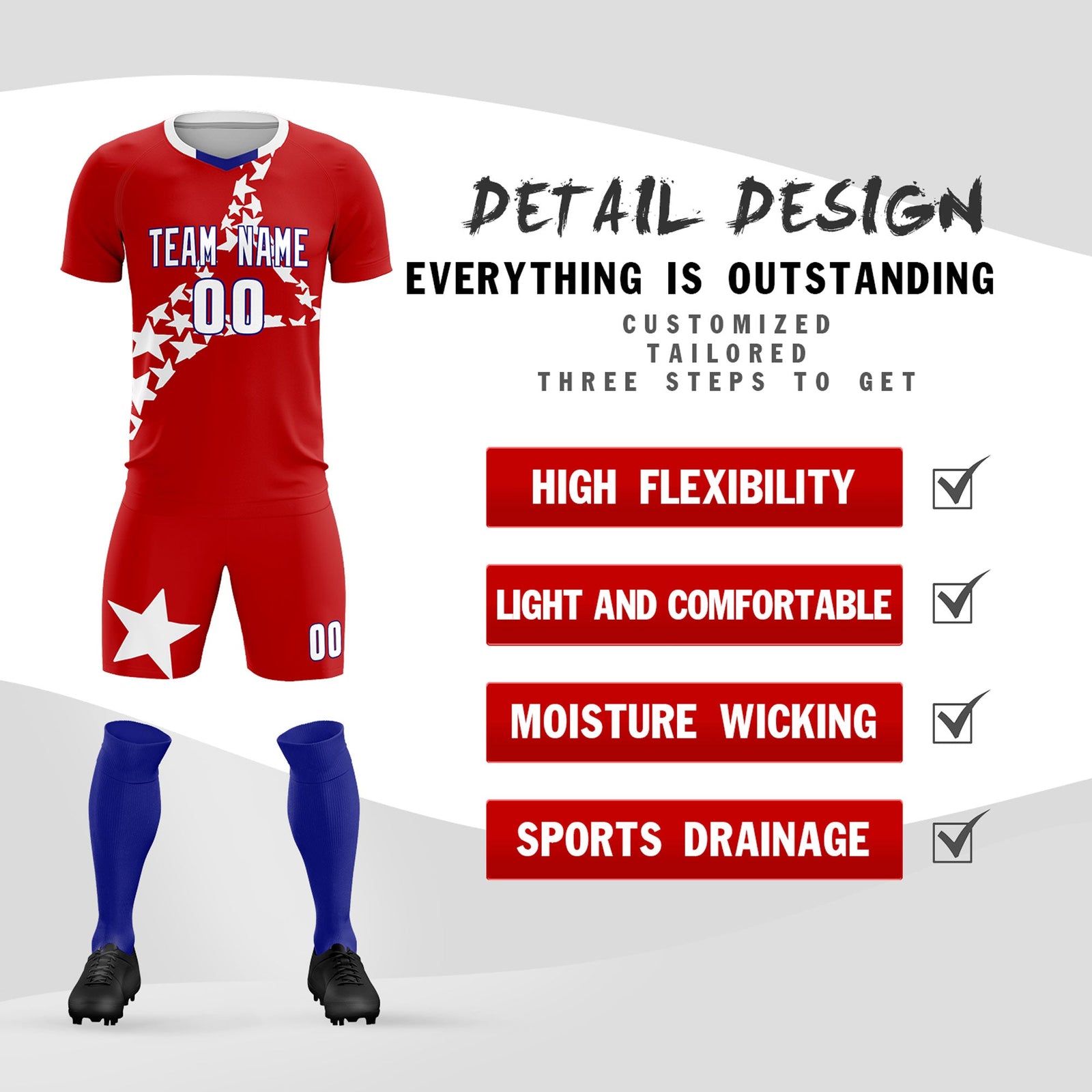 Custom Red White America Star World Cup Inspired Wrinkle-Resistant Graffiti Pattern Soccer Sets Jersey