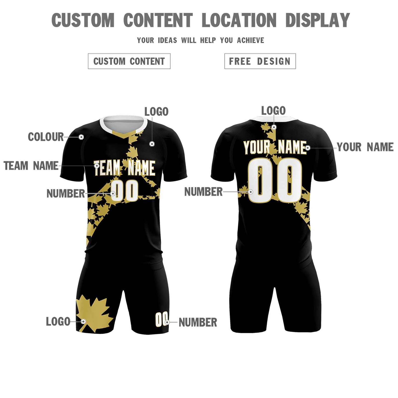Custom Black Old Gold Canada Maple Leaves World Cup Inspired Breathable Graffiti Pattern Soccer Sets Jersey