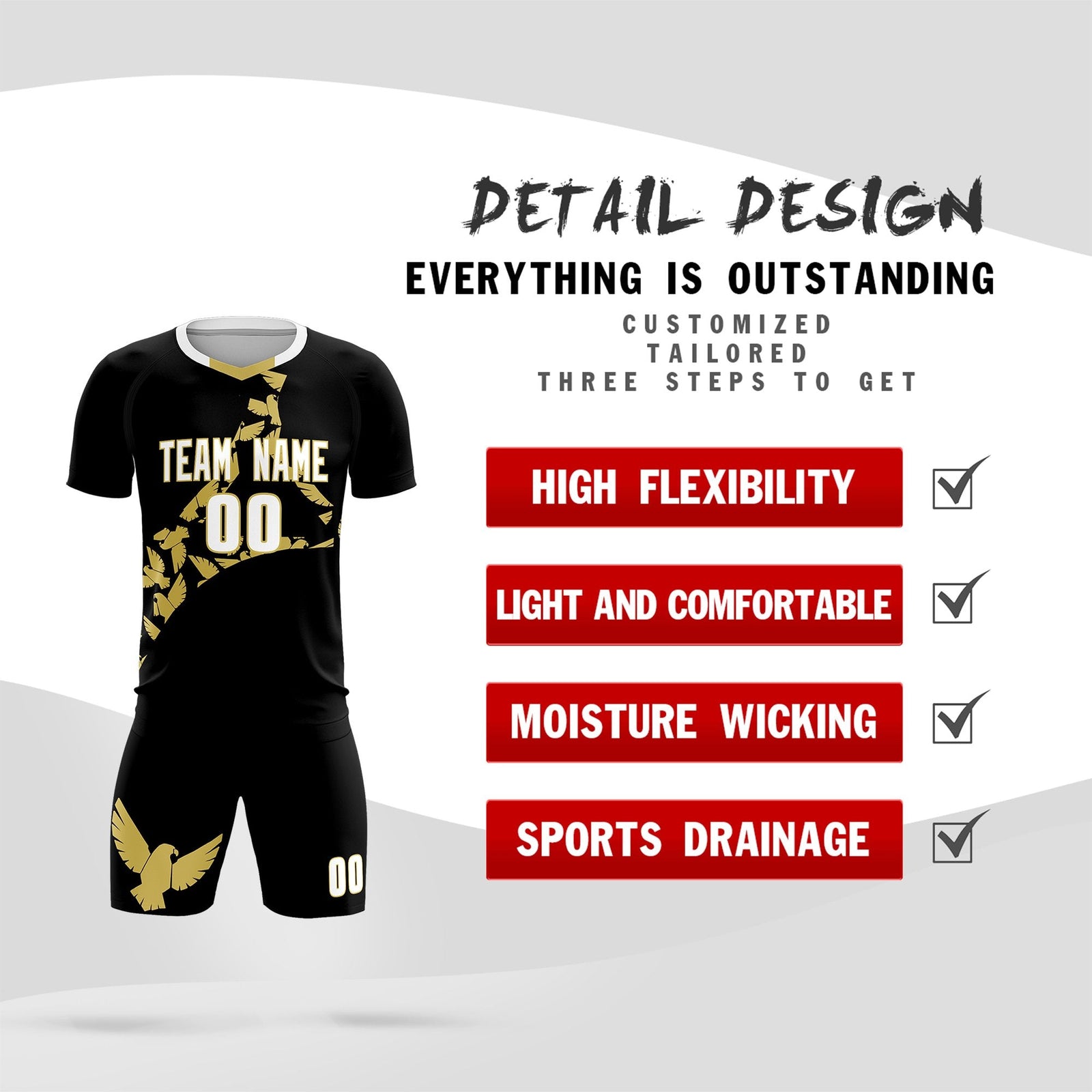 Custom Black Old Gold Mexico Eagle World Cup Inspired Quick-Drying Graffiti Pattern Soccer Sets Jersey