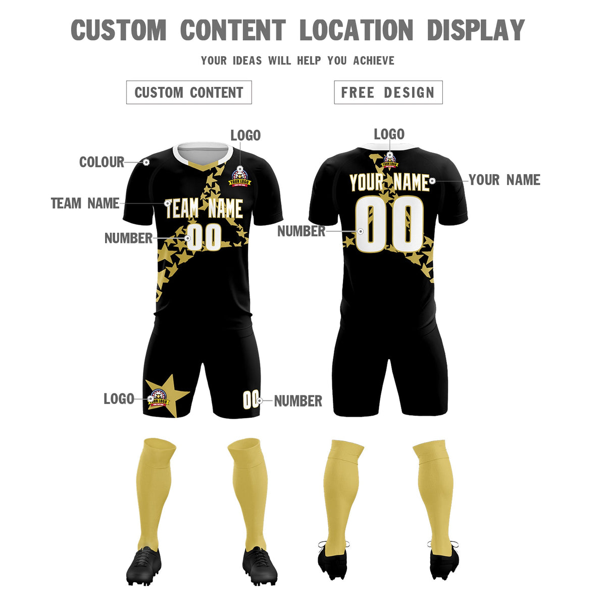 Custom Black Old Gold America Star World Cup Inspired Lightweight Graffiti Pattern Soccer Sets Jersey