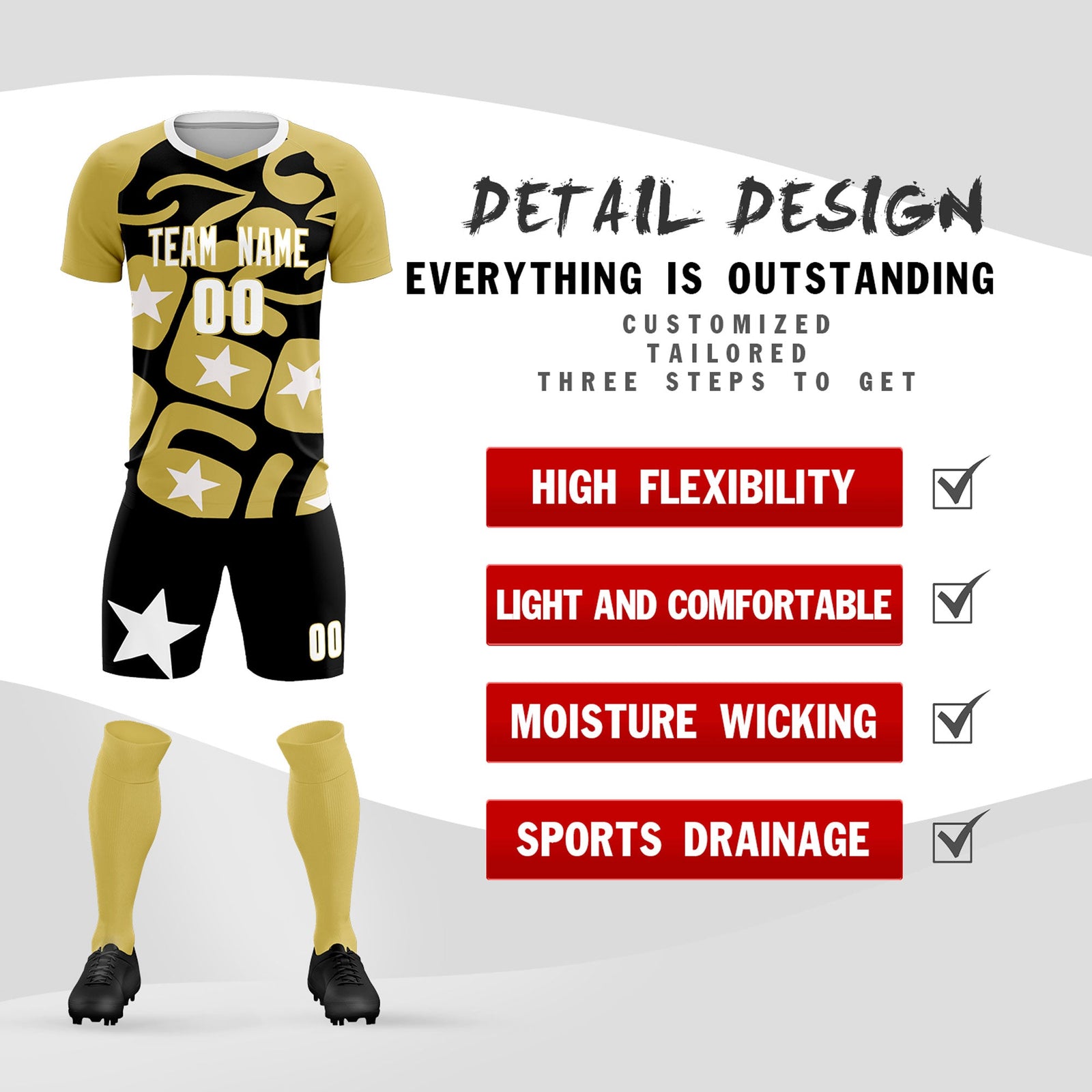 Custom Old Gold Black America Star World Cup Inspired Breathable Graffiti Pattern Soccer Sets Jersey