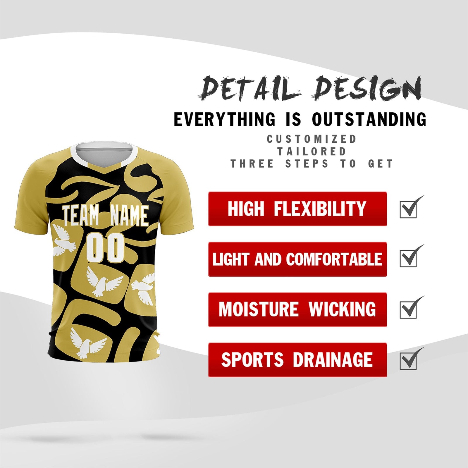 Custom Old Gold Black Mexico Eagle World Cup Inspired Quick-Drying Graffiti Pattern Soccer Sets Jersey