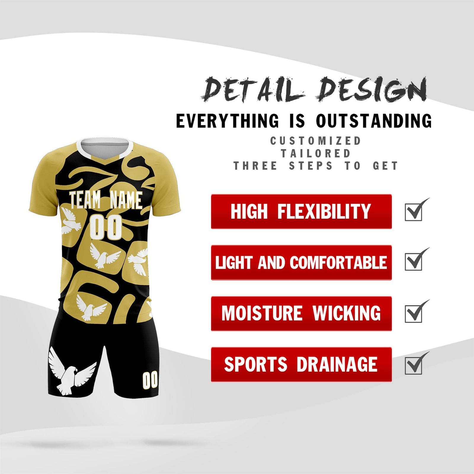 Custom Old Gold Black Mexico Eagle World Cup Inspired Quick-Drying Graffiti Pattern Soccer Sets Jersey