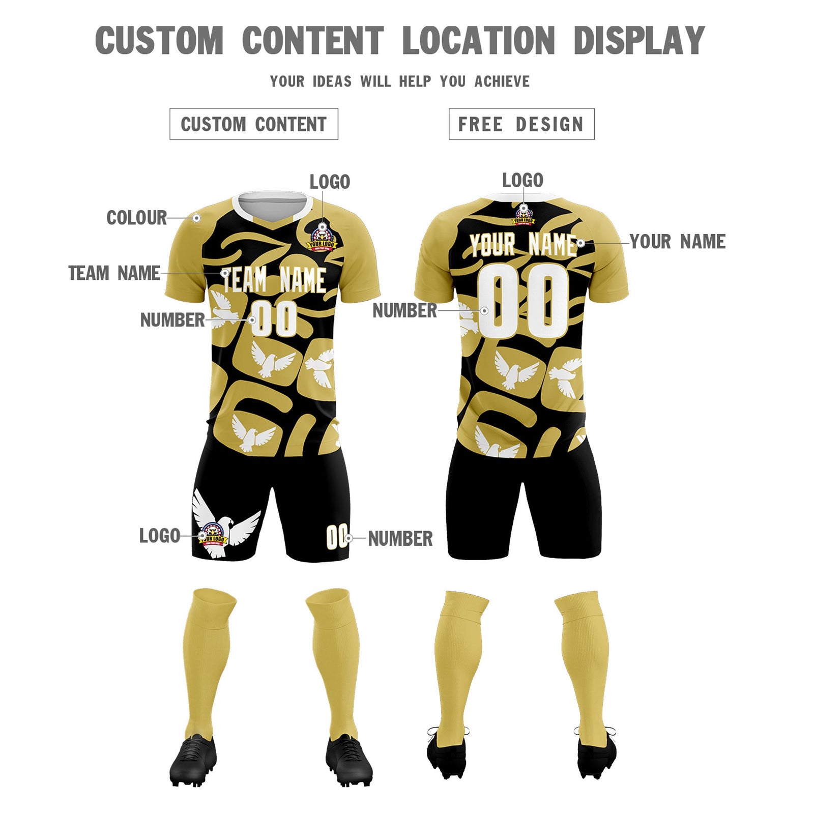 Custom Old Gold Black Mexico Eagle World Cup Inspired Quick-Drying Graffiti Pattern Soccer Sets Jersey