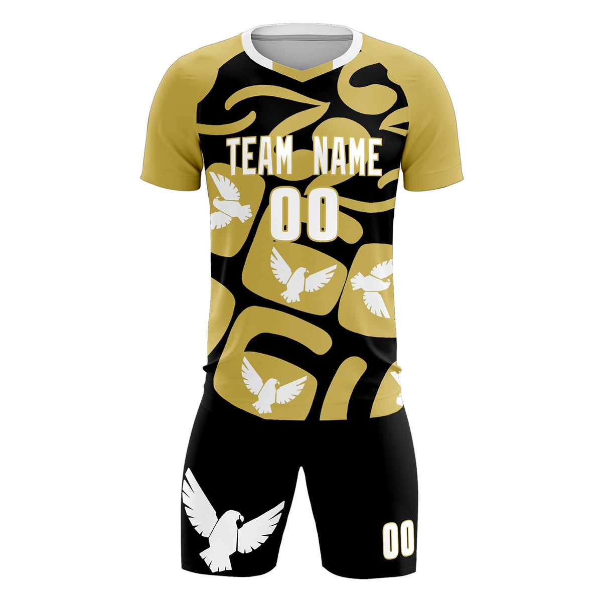Custom Old Gold Black Mexico Eagle World Cup Inspired Quick-Drying Graffiti Pattern Soccer Sets Jersey