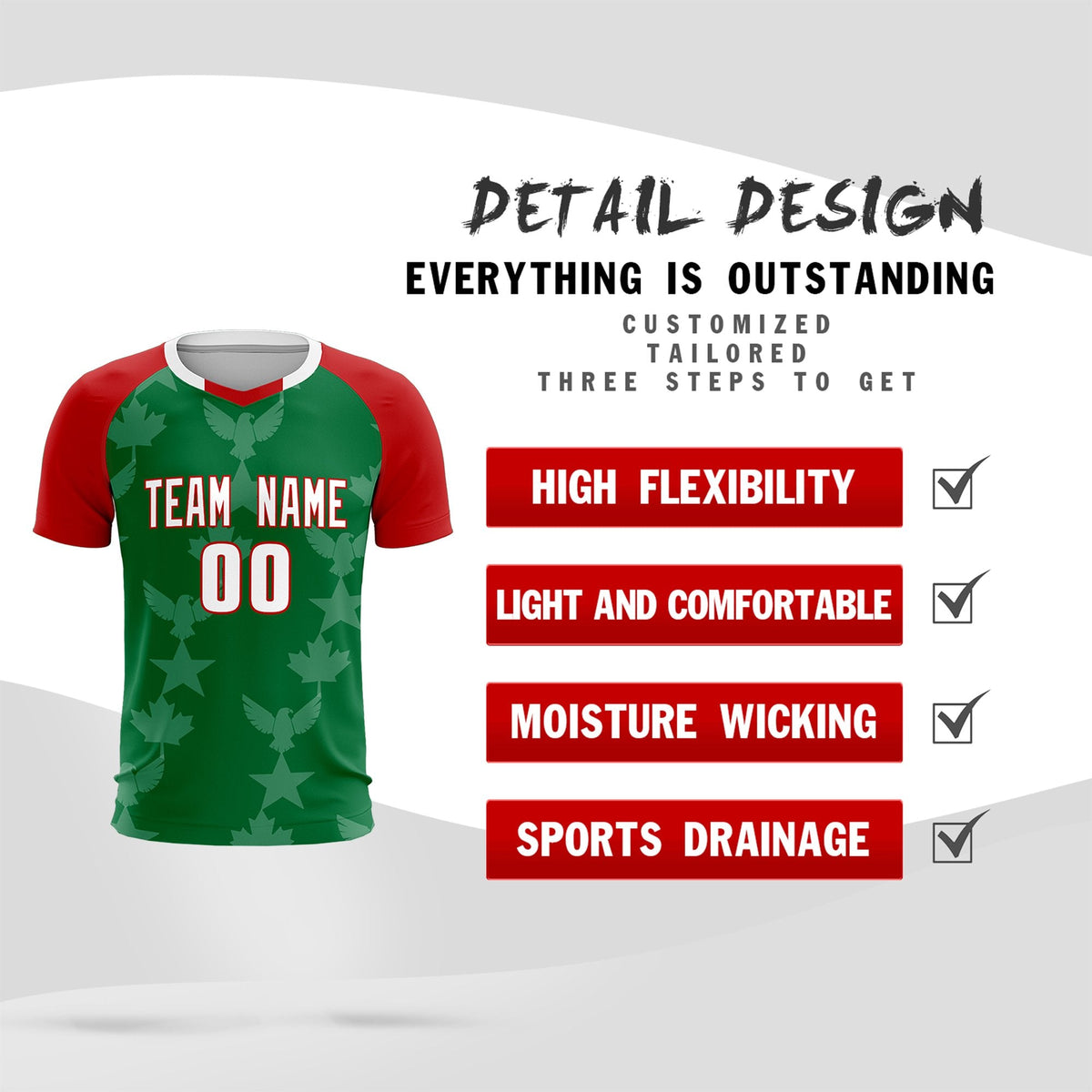 Custom Red Kelly Green World Cup Inspired Lightweight&amp;Drapable Training Uniform Raglan Sleeve Soccer Sets Jersey