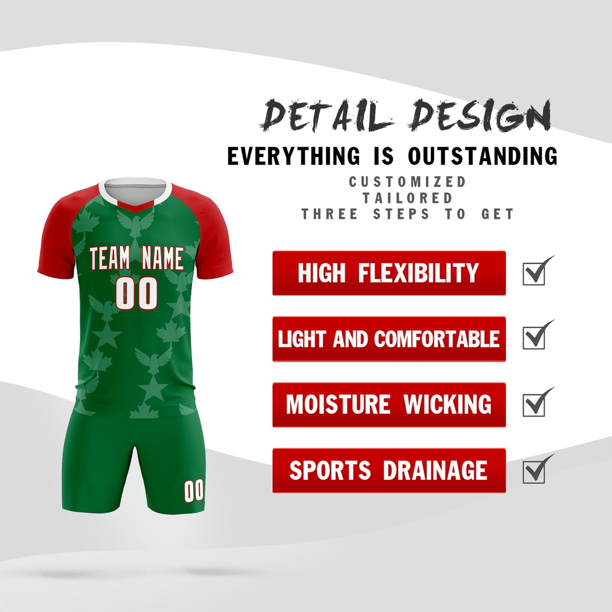 Custom Red Kelly Green World Cup Inspired Lightweight&amp;Drapable Training Uniform Raglan Sleeve Soccer Sets Jersey