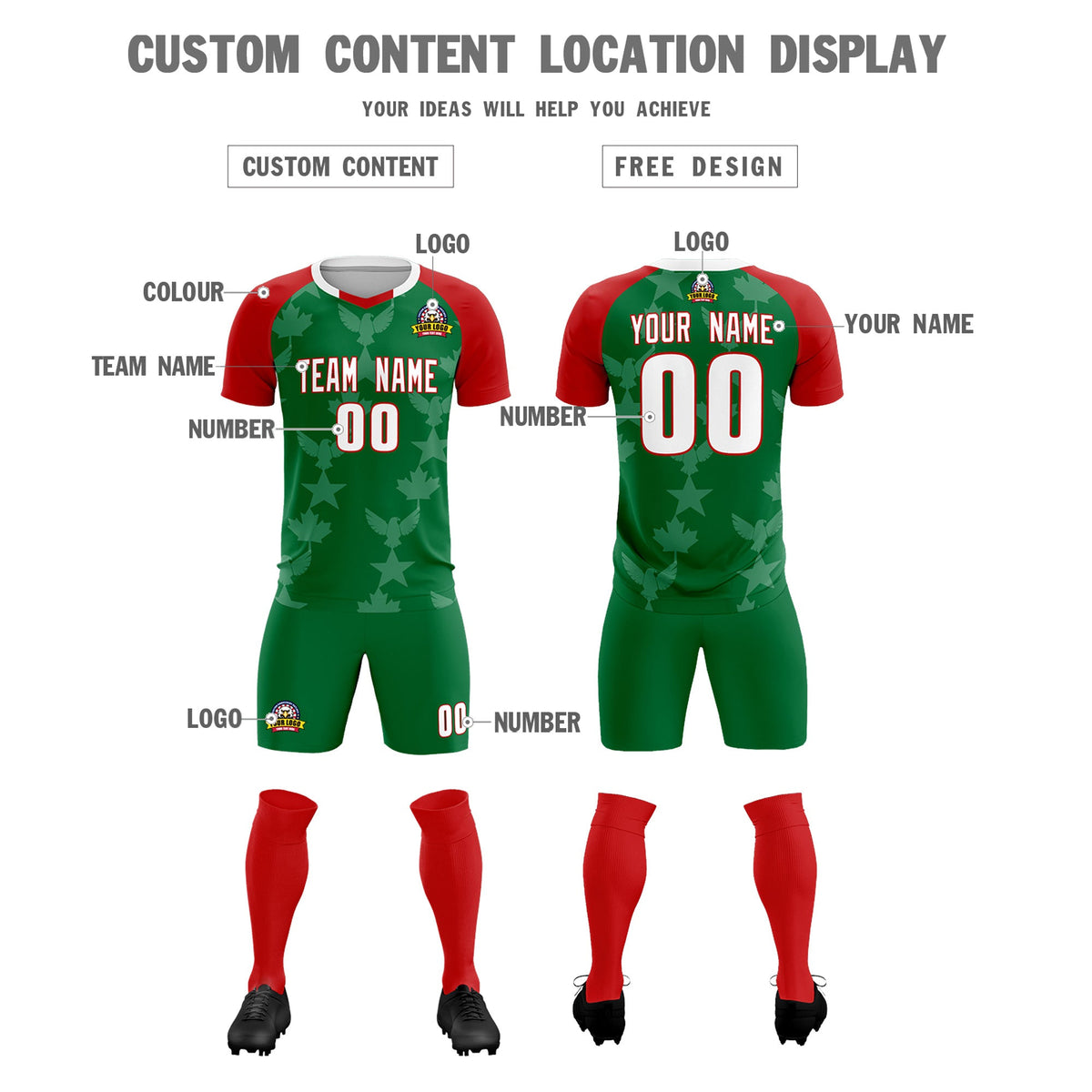 Custom Red Kelly Green World Cup Inspired Lightweight&amp;Drapable Training Uniform Raglan Sleeve Soccer Sets Jersey