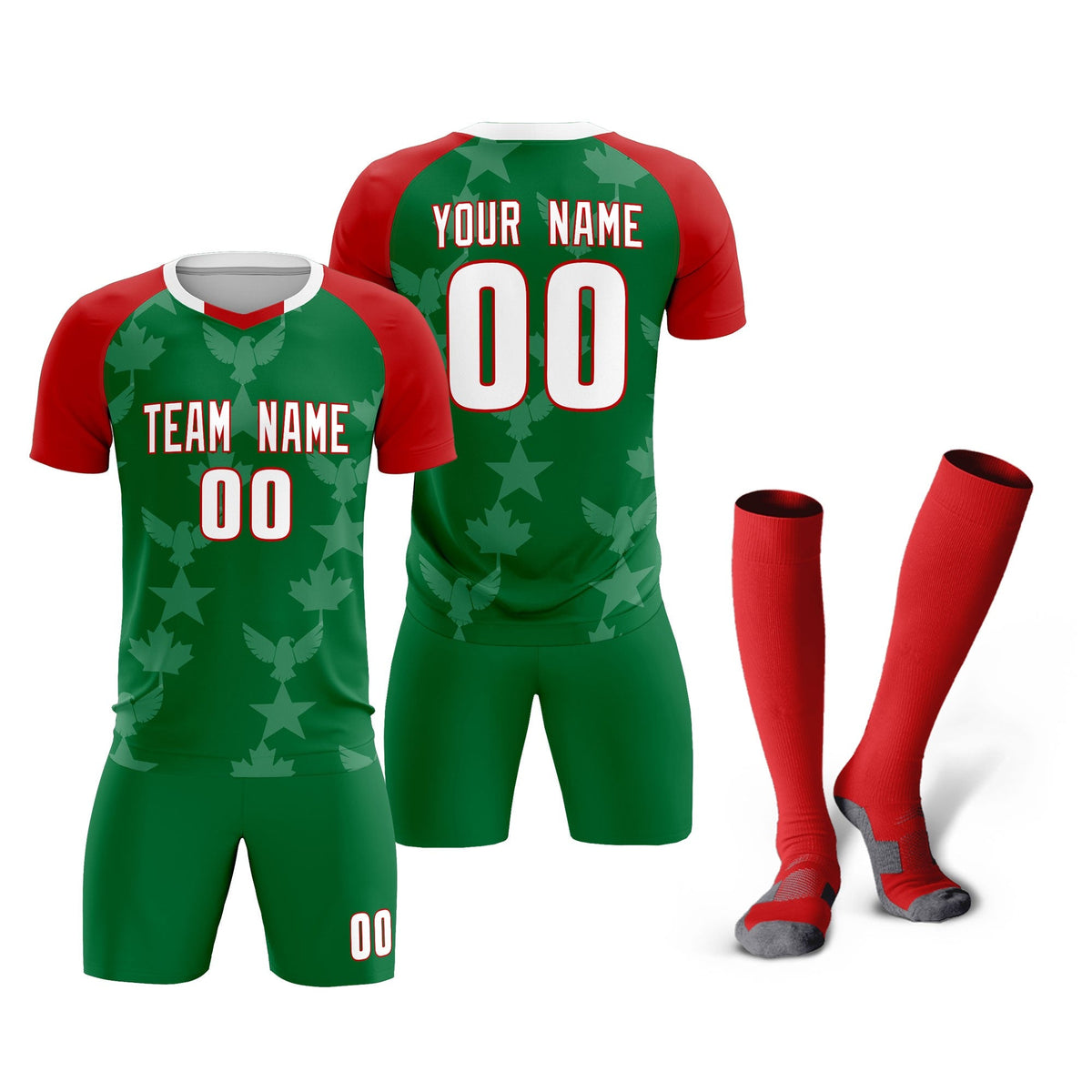 Custom Red Kelly Green World Cup Inspired Lightweight&amp;Drapable Training Uniform Raglan Sleeve Soccer Sets Jersey