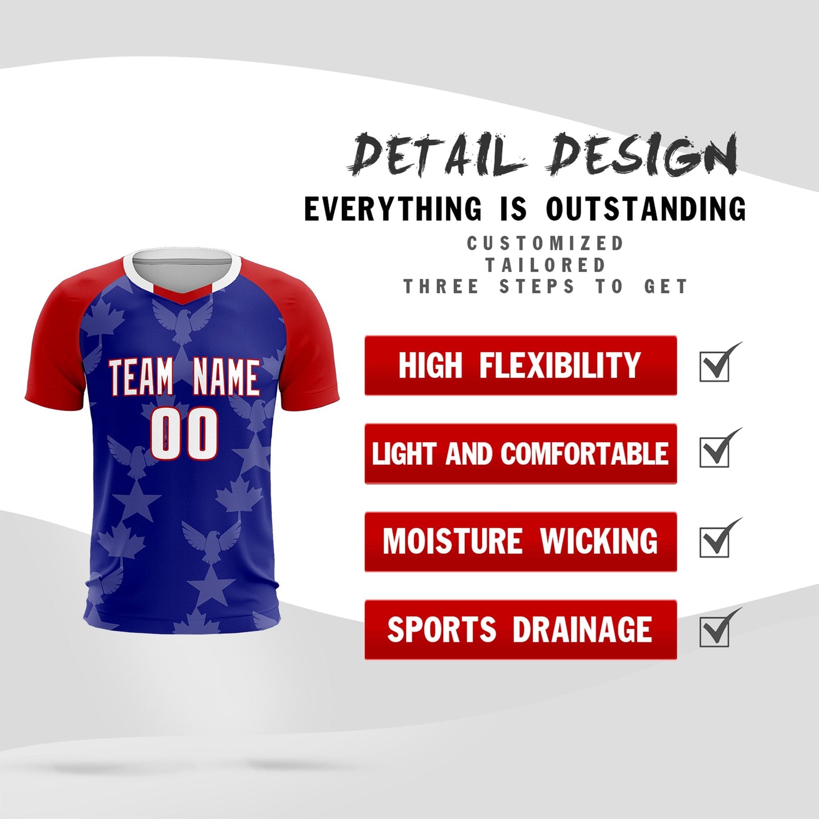 Custom Red Royal World Cup Inspired Wrinkle-Resistant Training Uniform Raglan Sleeve Soccer Sets Jersey