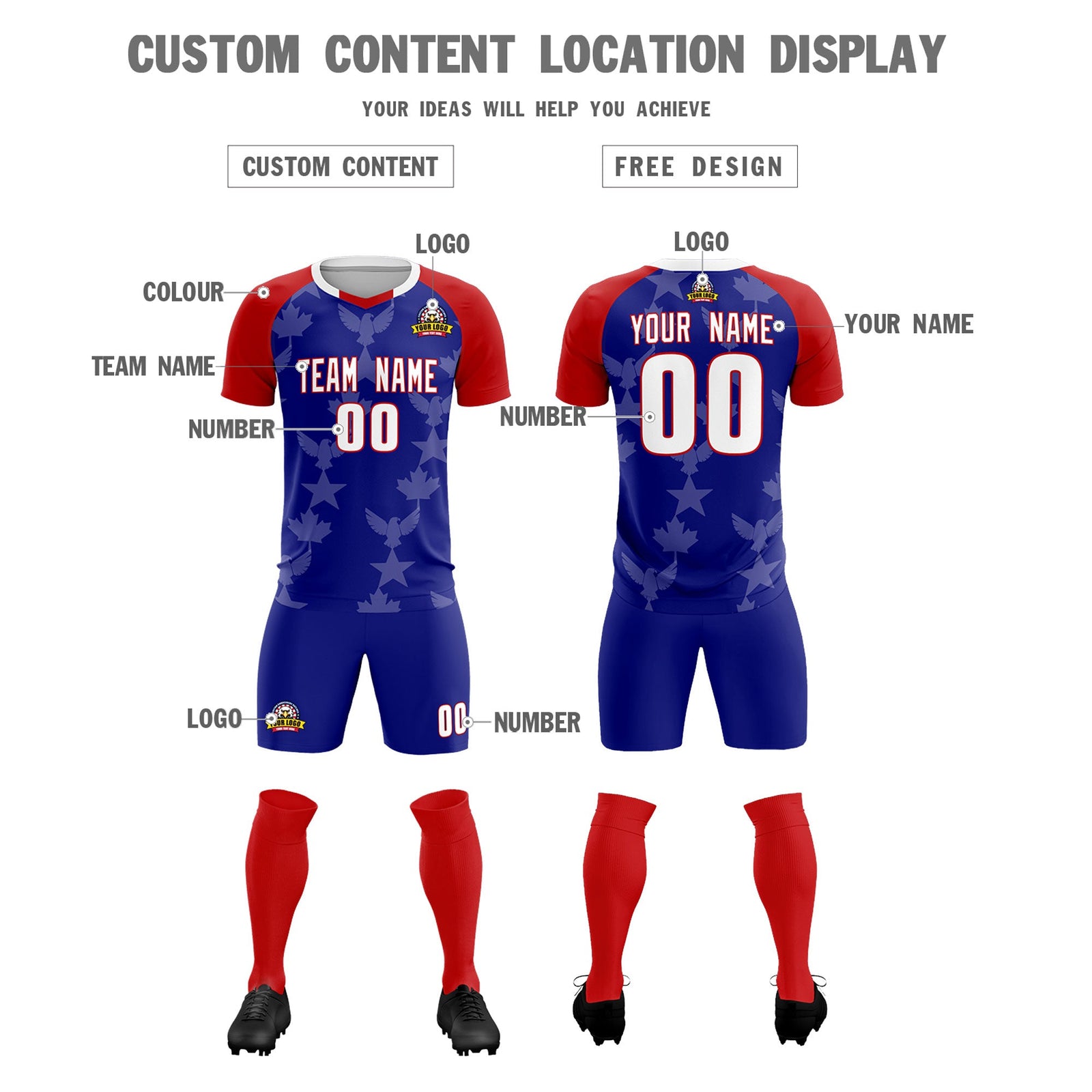 Custom Red Royal World Cup Inspired Wrinkle-Resistant Training Uniform Raglan Sleeve Soccer Sets Jersey