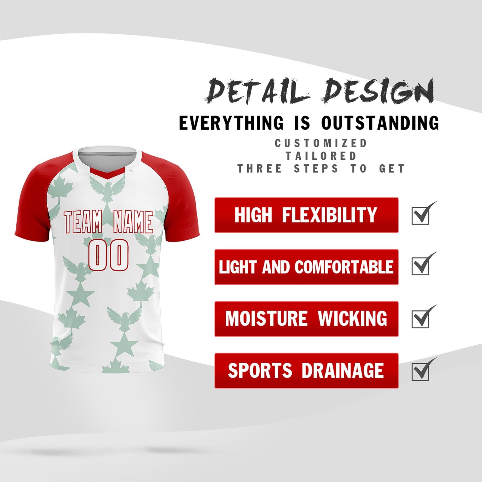 Custom Red White World Cup Inspired Lightweight&Drapable Training Uniform Raglan Sleeve Soccer Sets Jersey