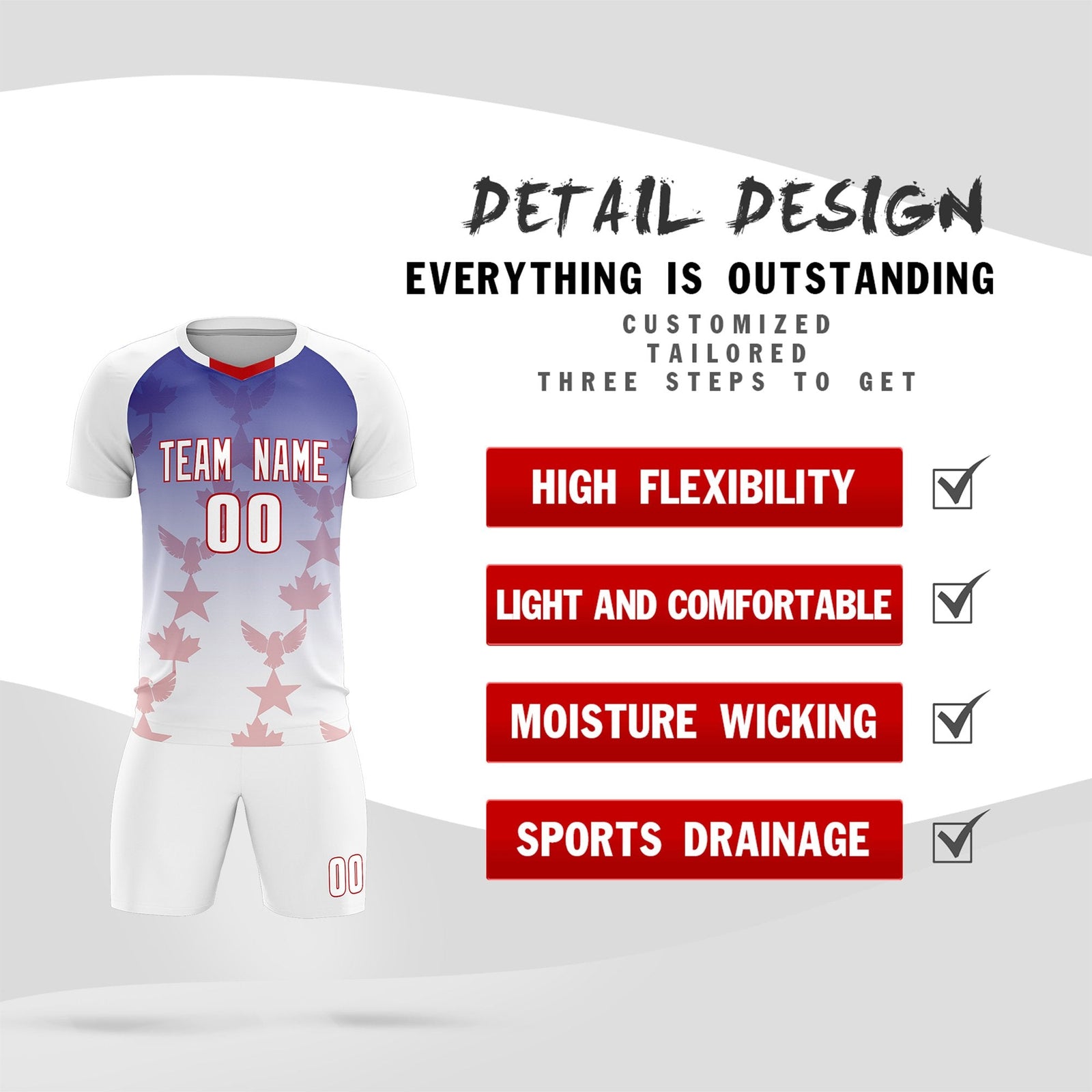 Custom White Royal World Cup Inspired Lightweight&Drapable Training Uniform Gradient Fashion Soccer Sets Jersey