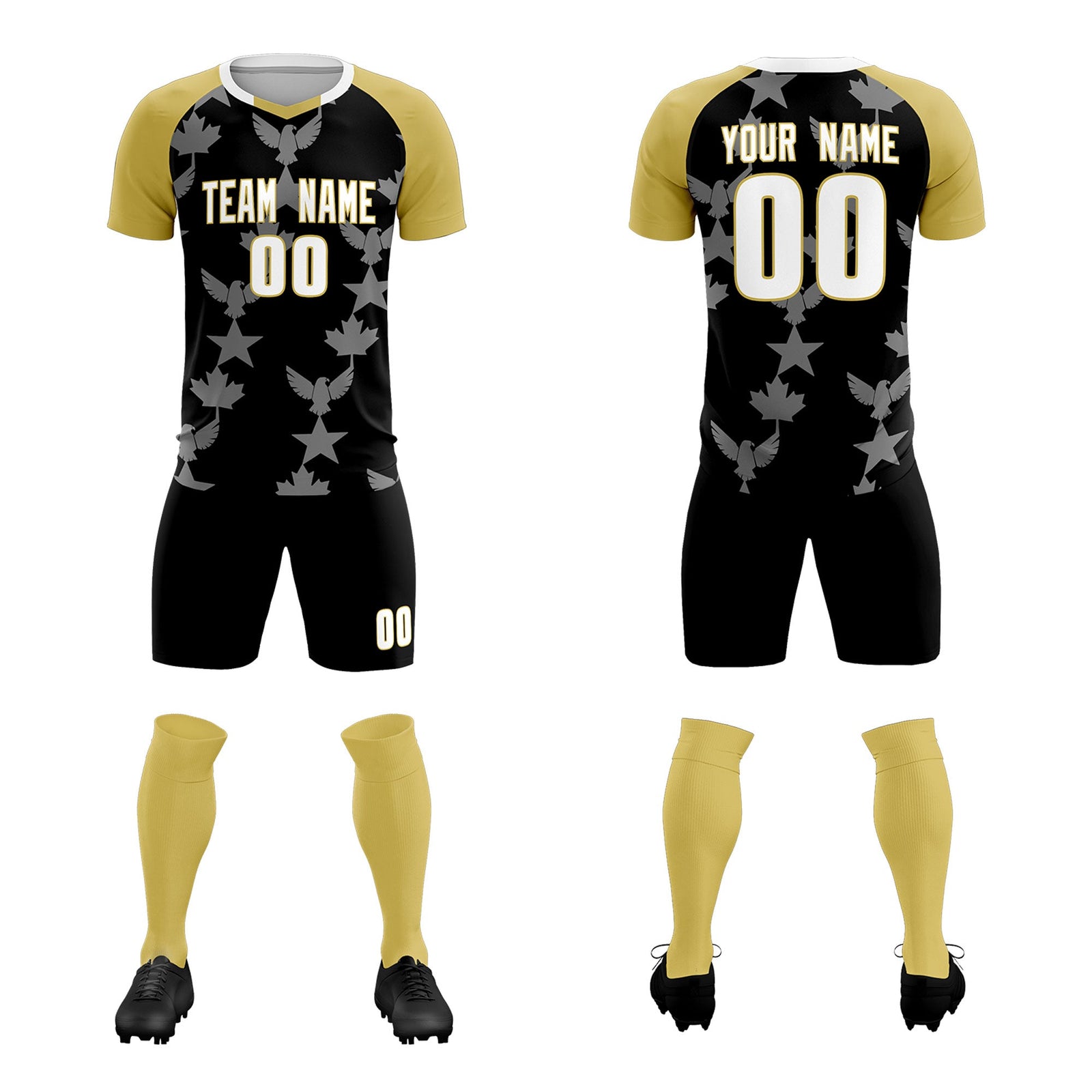 Custom Old Gold Black World Cup Inspired Breathable&Quick-Drying Training Uniform Raglan Sleeve Soccer Sets Jersey