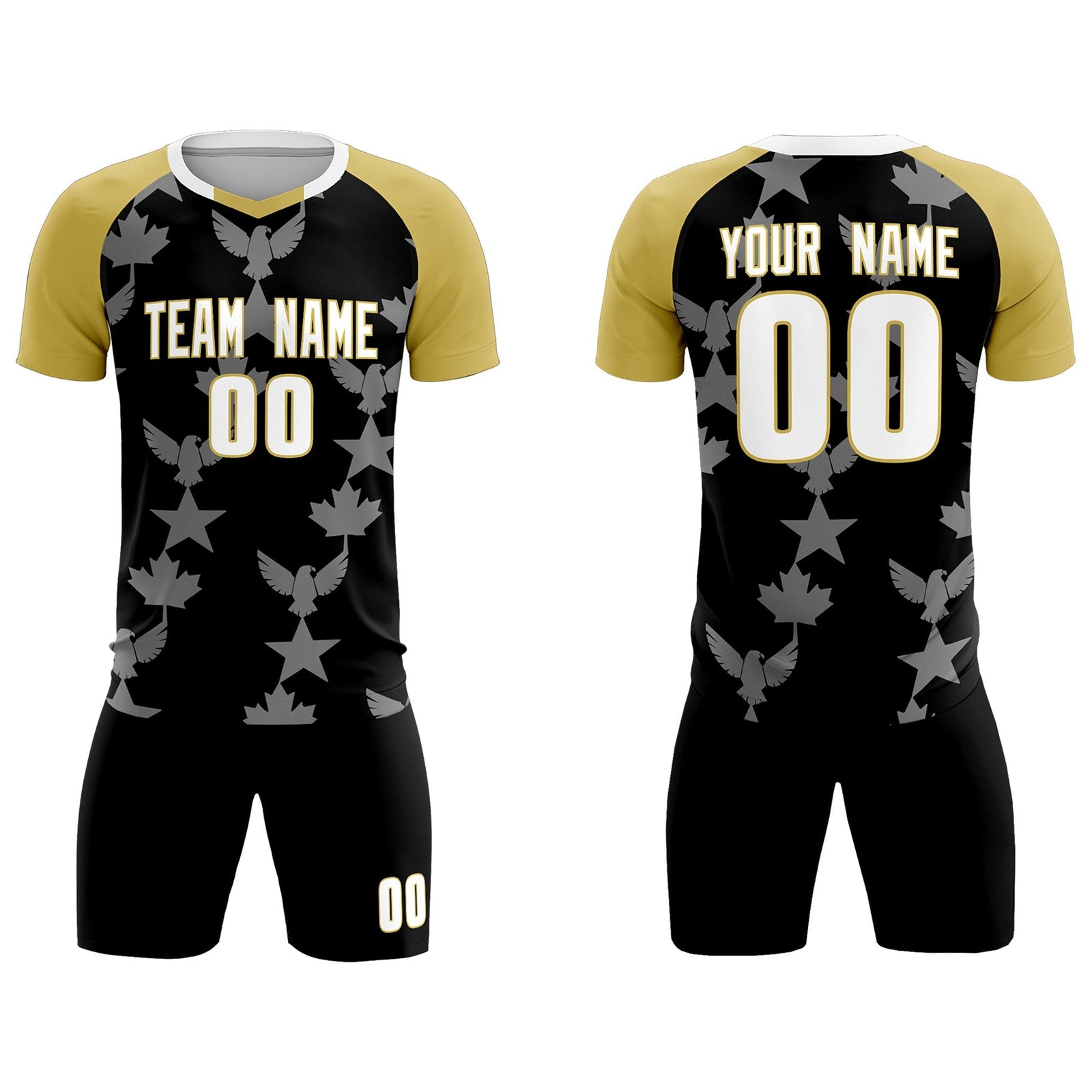 Custom Old Gold Black World Cup Inspired Breathable&Quick-Drying Training Uniform Raglan Sleeve Soccer Sets Jersey