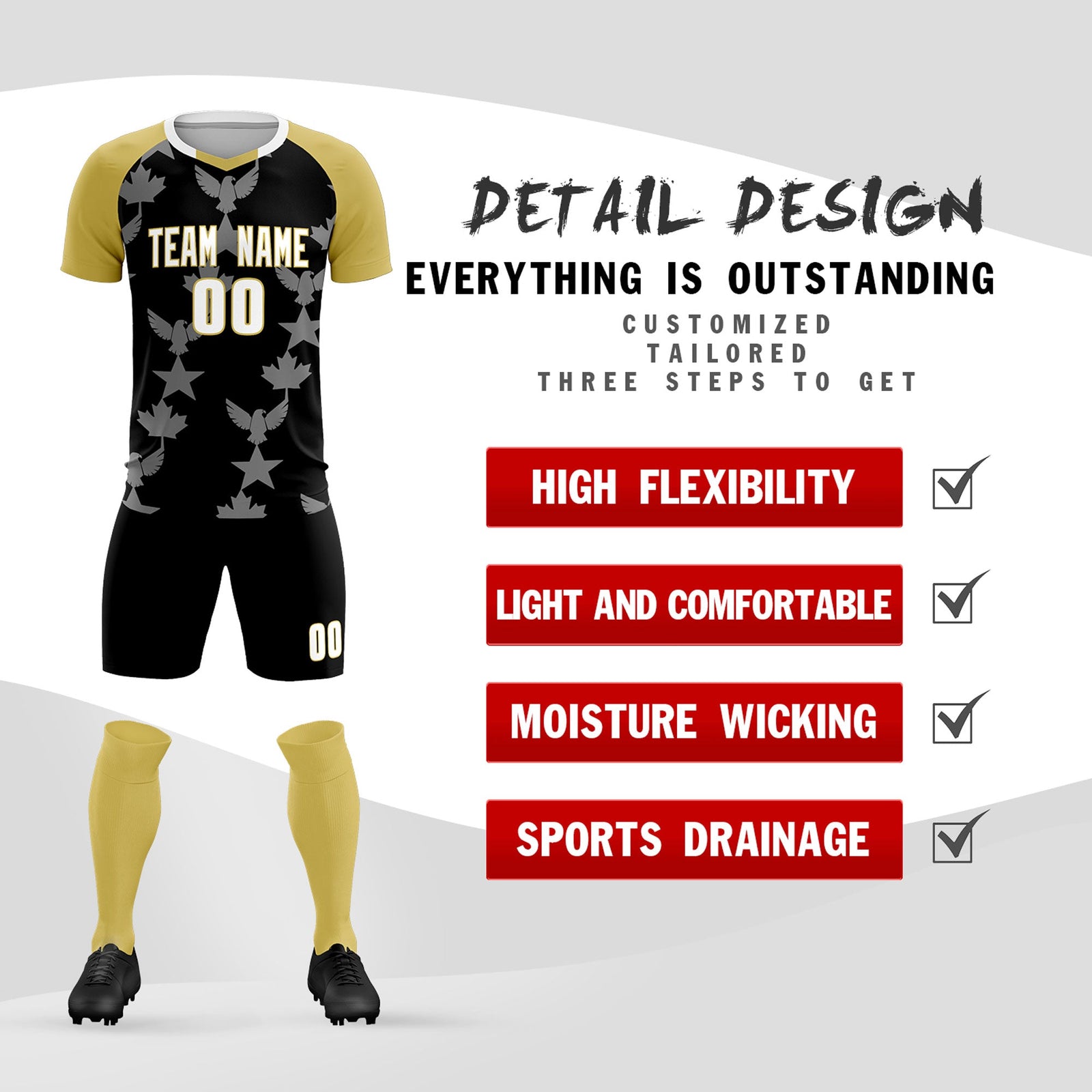 Custom Old Gold Black World Cup Inspired Breathable&Quick-Drying Training Uniform Raglan Sleeve Soccer Sets Jersey