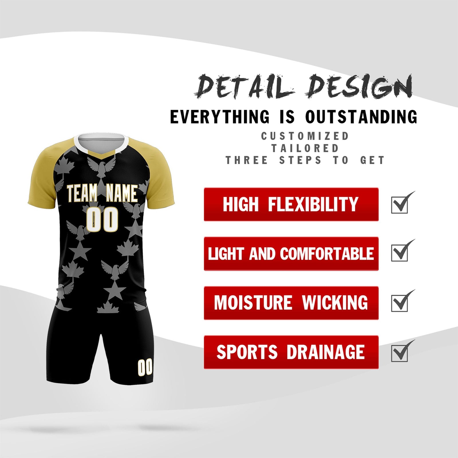 Custom Old Gold Black World Cup Inspired Breathable&Quick-Drying Training Uniform Raglan Sleeve Soccer Sets Jersey