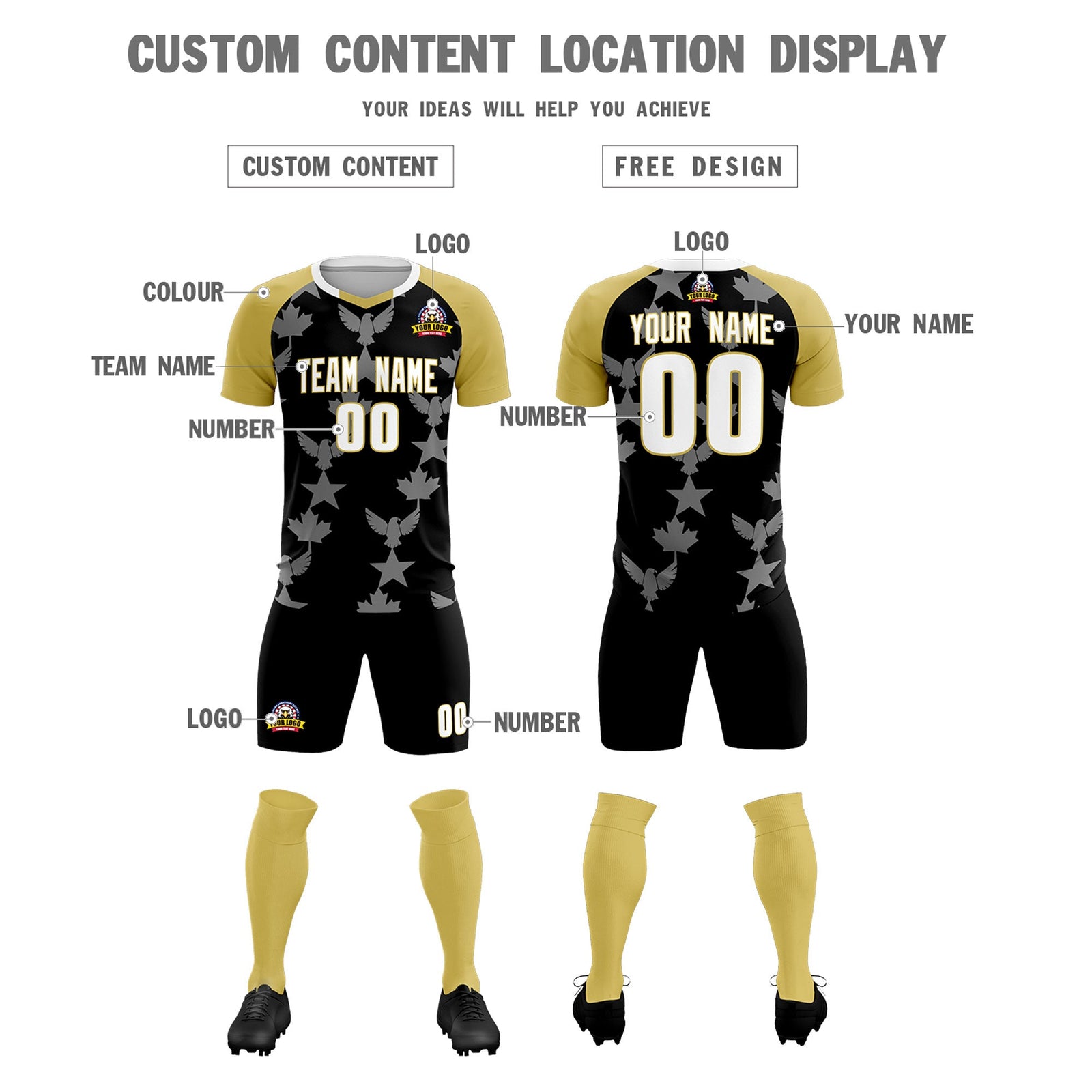 Custom Old Gold Black World Cup Inspired Breathable&Quick-Drying Training Uniform Raglan Sleeve Soccer Sets Jersey
