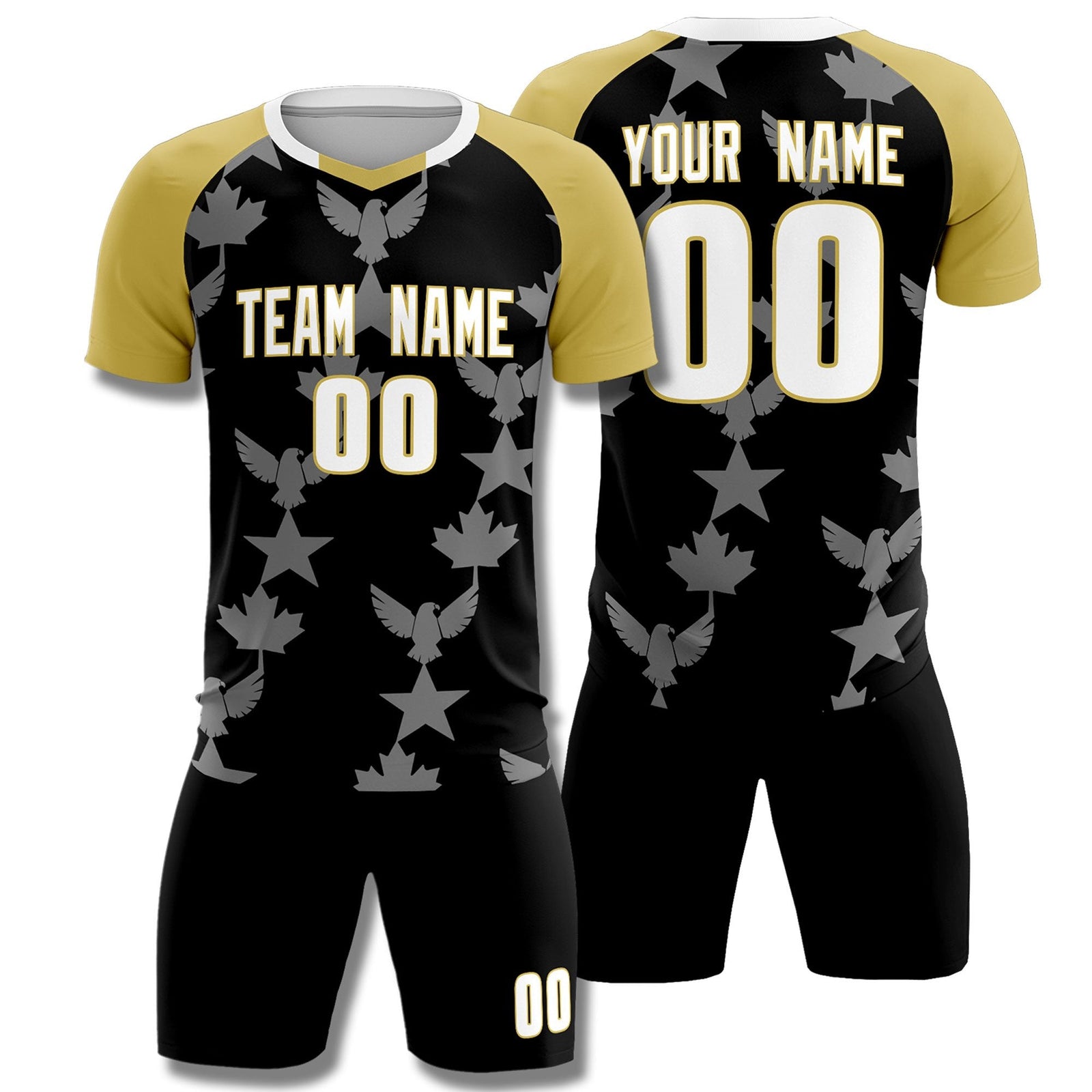 Custom Old Gold Black World Cup Inspired Breathable&Quick-Drying Training Uniform Raglan Sleeve Soccer Sets Jersey
