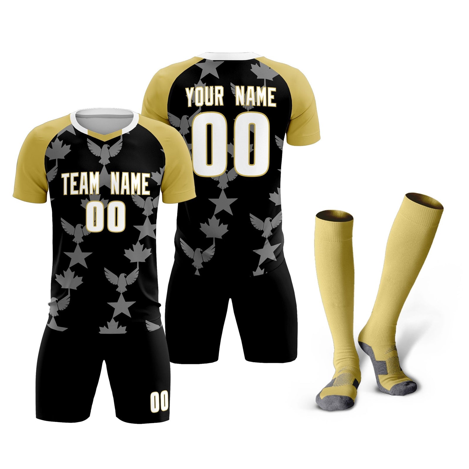 Custom Old Gold Black World Cup Inspired Breathable&Quick-Drying Training Uniform Raglan Sleeve Soccer Sets Jersey