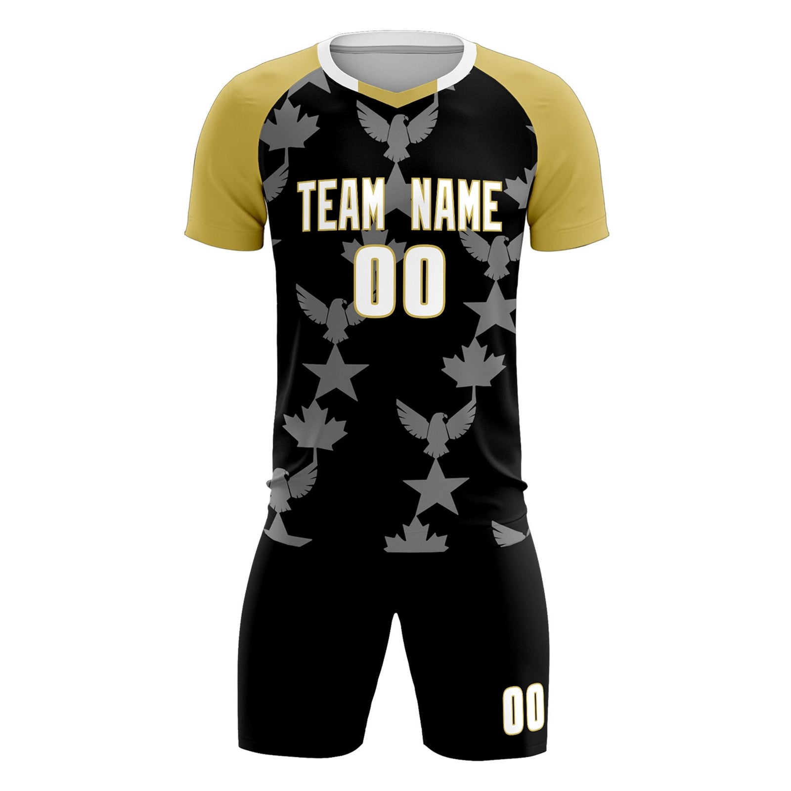 Custom Old Gold Black World Cup Inspired Breathable&Quick-Drying Training Uniform Raglan Sleeve Soccer Sets Jersey