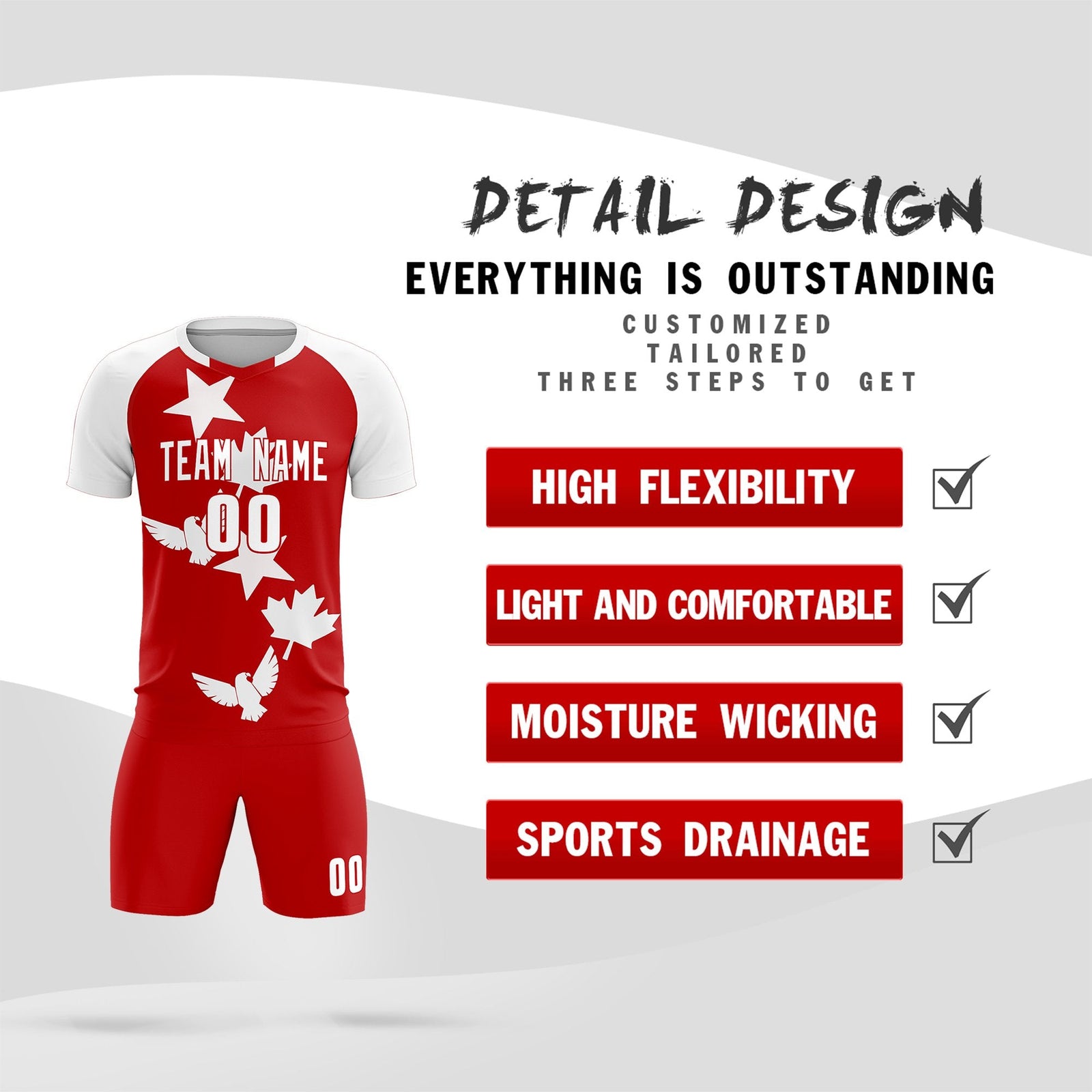 Custom White Red World Cup Inspired Lightweight&Drapable Training Uniform Raglan Sleeve Soccer Sets Jersey