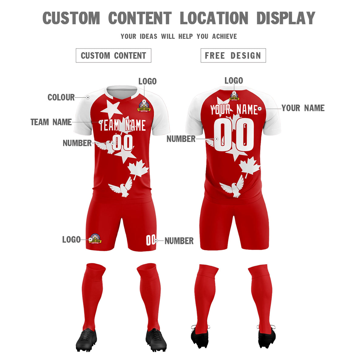 Custom White Red World Cup Inspired Lightweight&amp;Drapable Training Uniform Raglan Sleeve Soccer Sets Jersey
