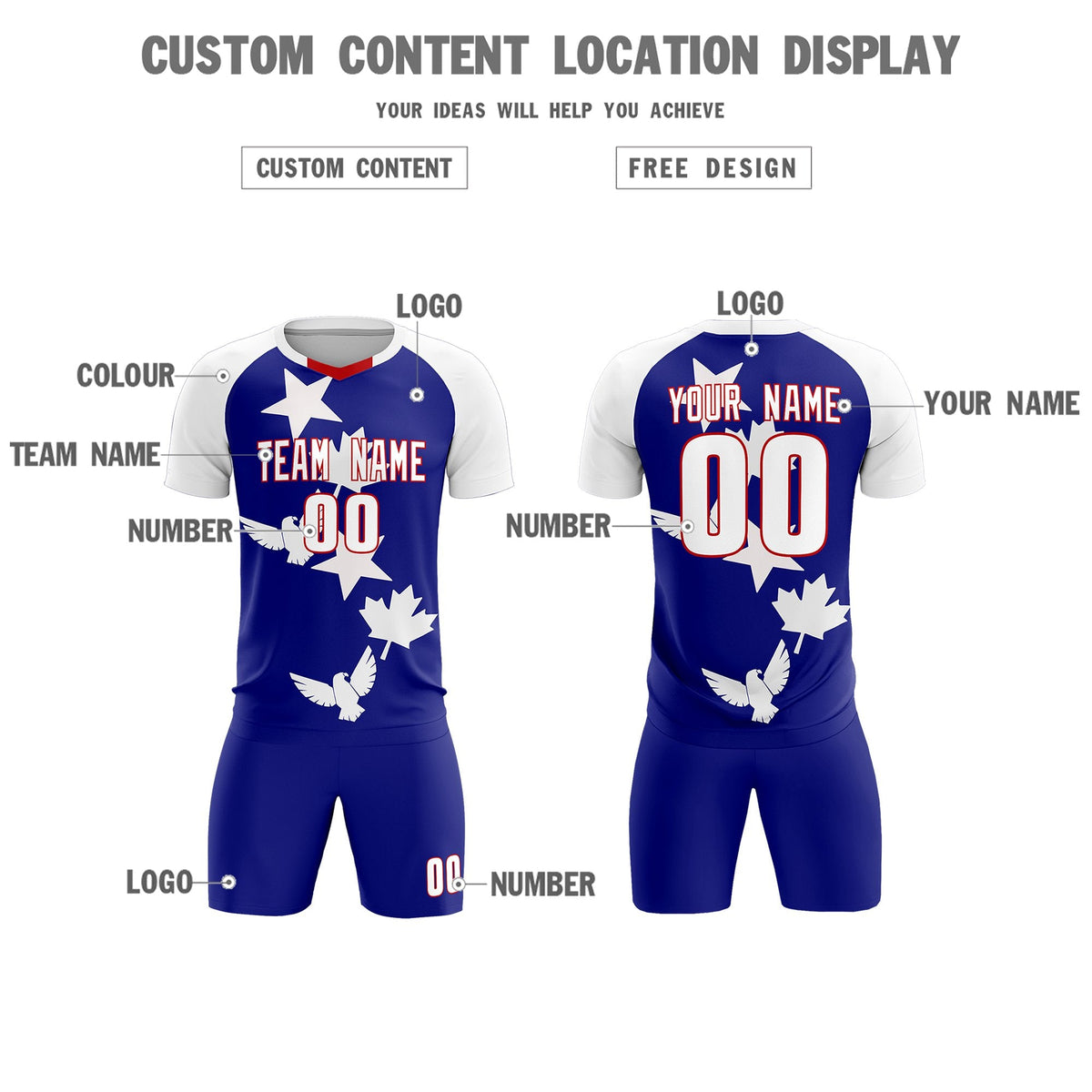 Custom White Royal World Cup Inspired Breathable&amp;Quick-Drying Training Uniform Raglan Sleeve Soccer Sets Jersey