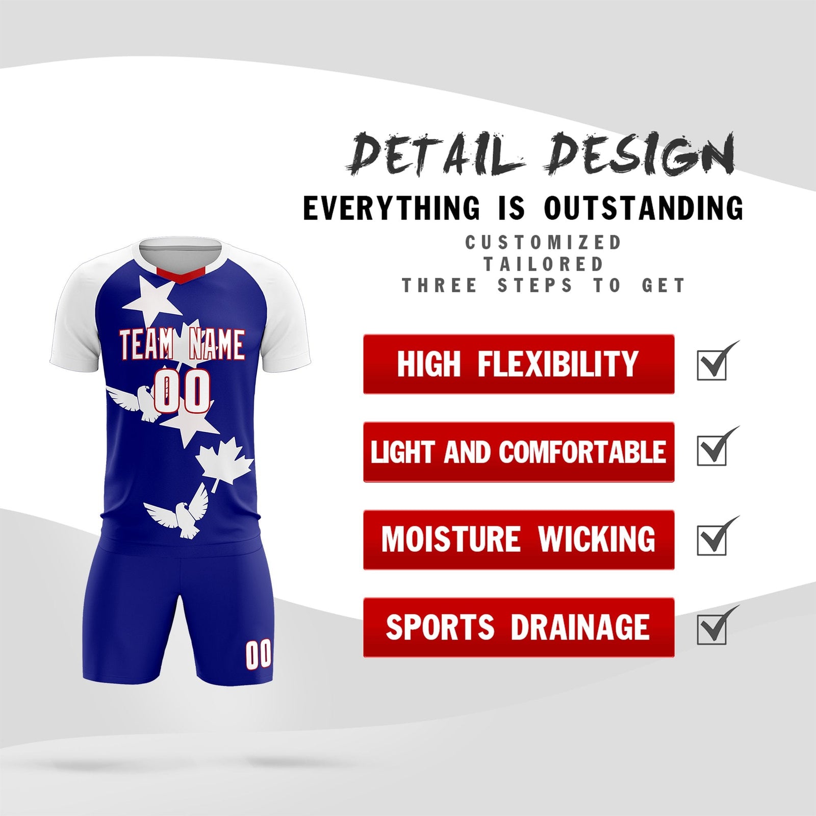 Custom White Royal World Cup Inspired Breathable&Quick-Drying Training Uniform Raglan Sleeve Soccer Sets Jersey
