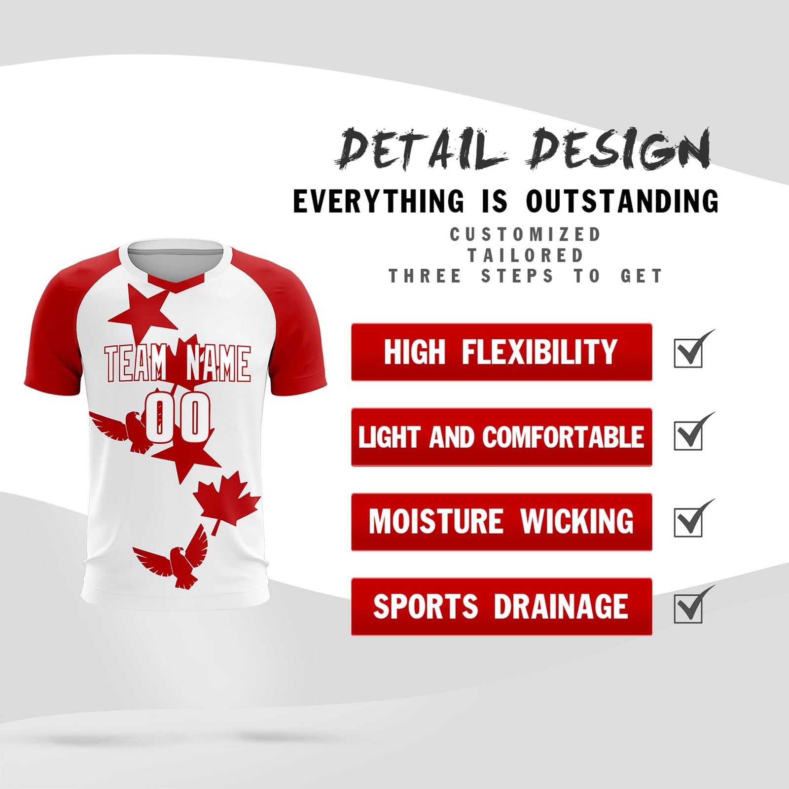 Custom Red White World Cup Inspired Lightweight&Drapable Training Uniform Raglan Sleeve Soccer Sets Jersey