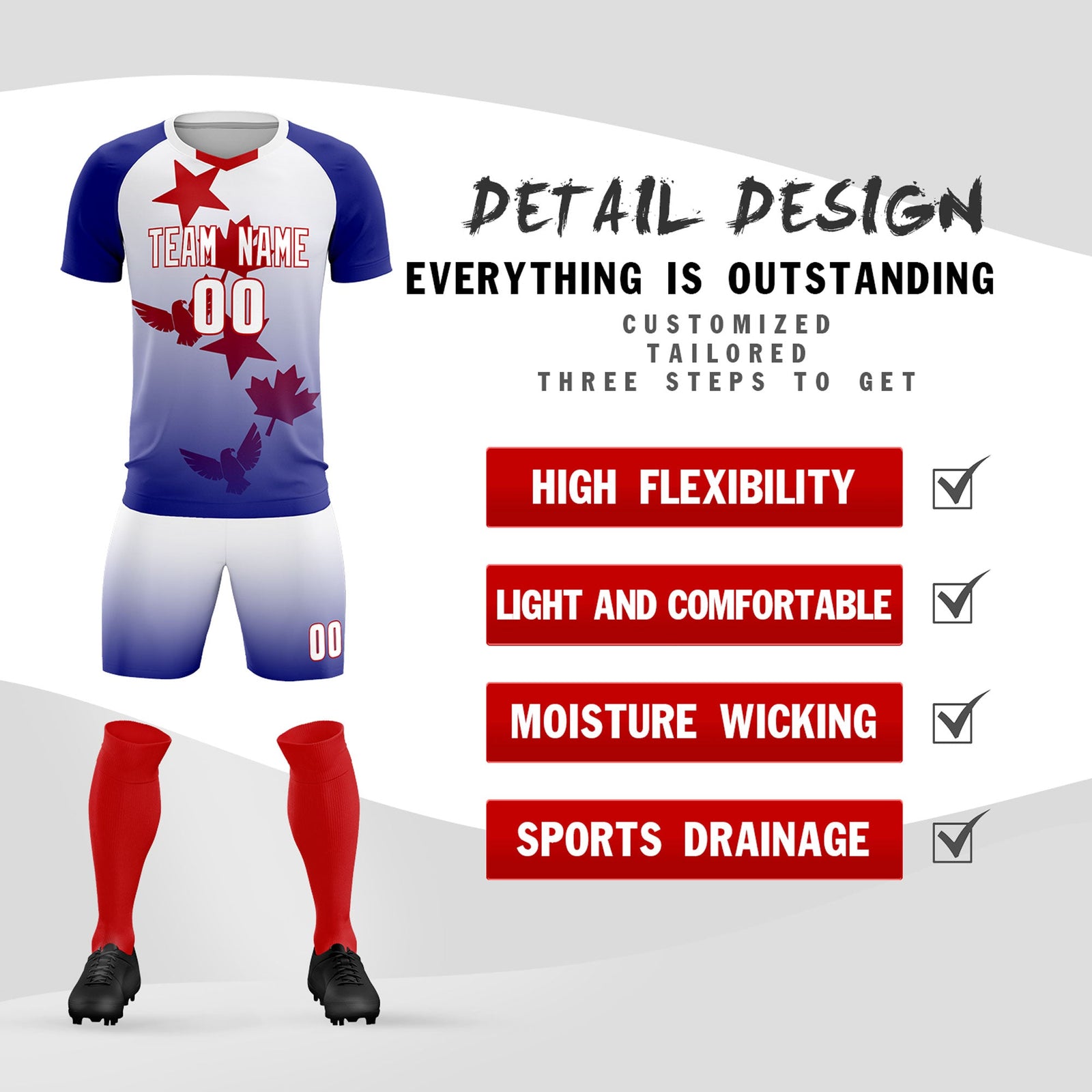 Custom Royal White World Cup Inspired Lightweight&Drapable Training Uniform Gradient Fashion Soccer Sets Jersey