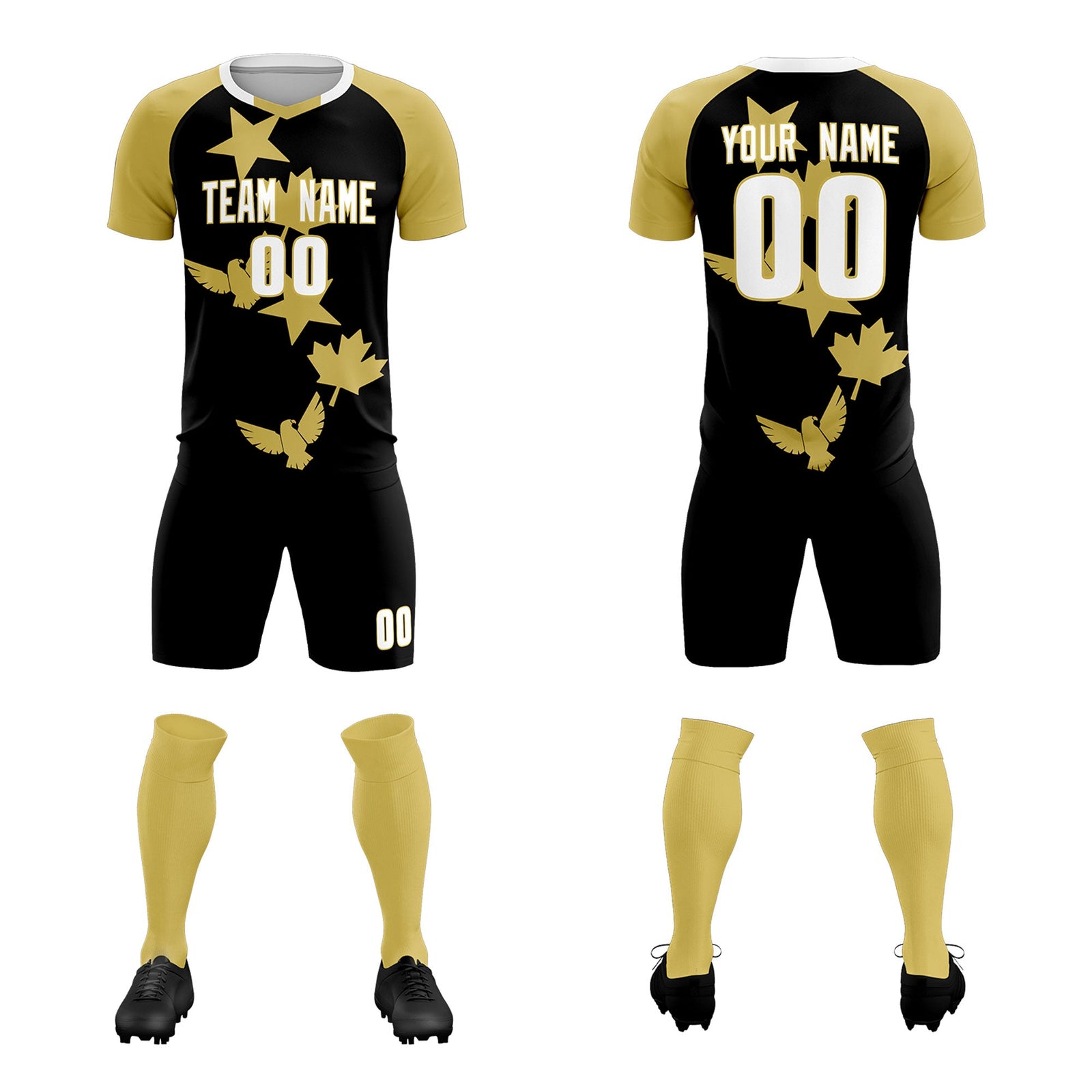 Custom Old Gold Black World Cup Inspired Wrinkle-Resistant Training Uniform Raglan Sleeve Soccer Sets Jersey