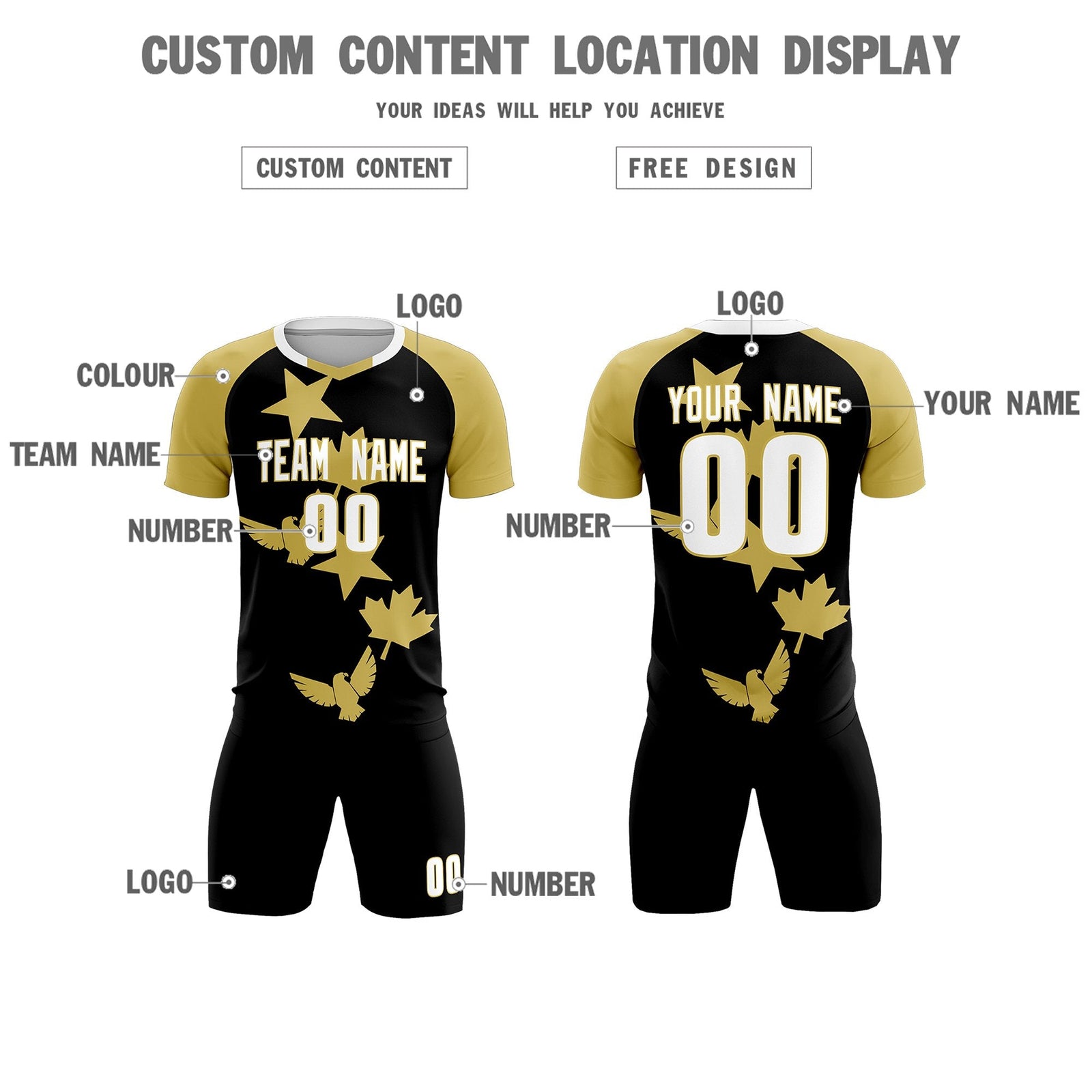 Custom Old Gold Black World Cup Inspired Wrinkle-Resistant Training Uniform Raglan Sleeve Soccer Sets Jersey