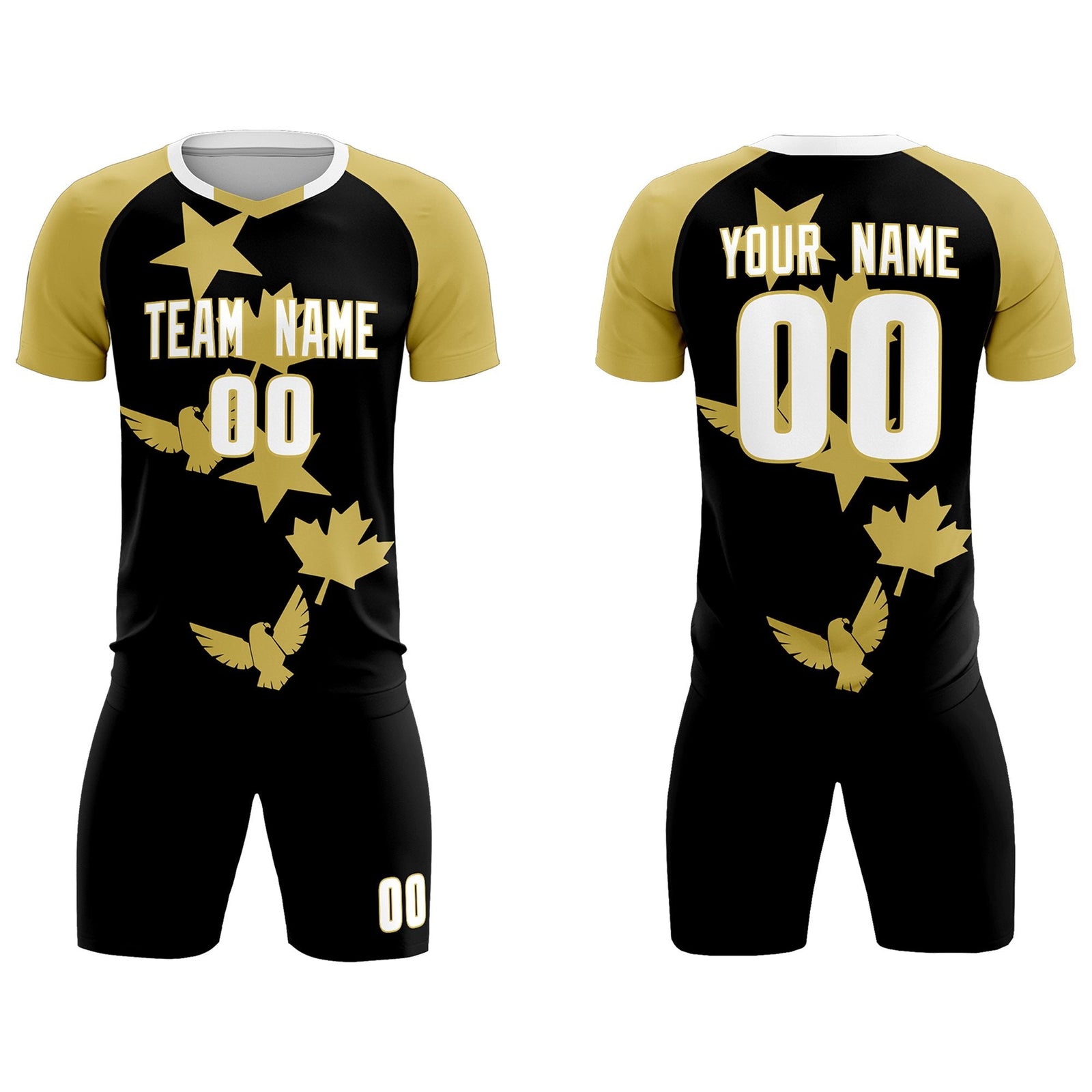 Custom Old Gold Black World Cup Inspired Wrinkle-Resistant Training Uniform Raglan Sleeve Soccer Sets Jersey