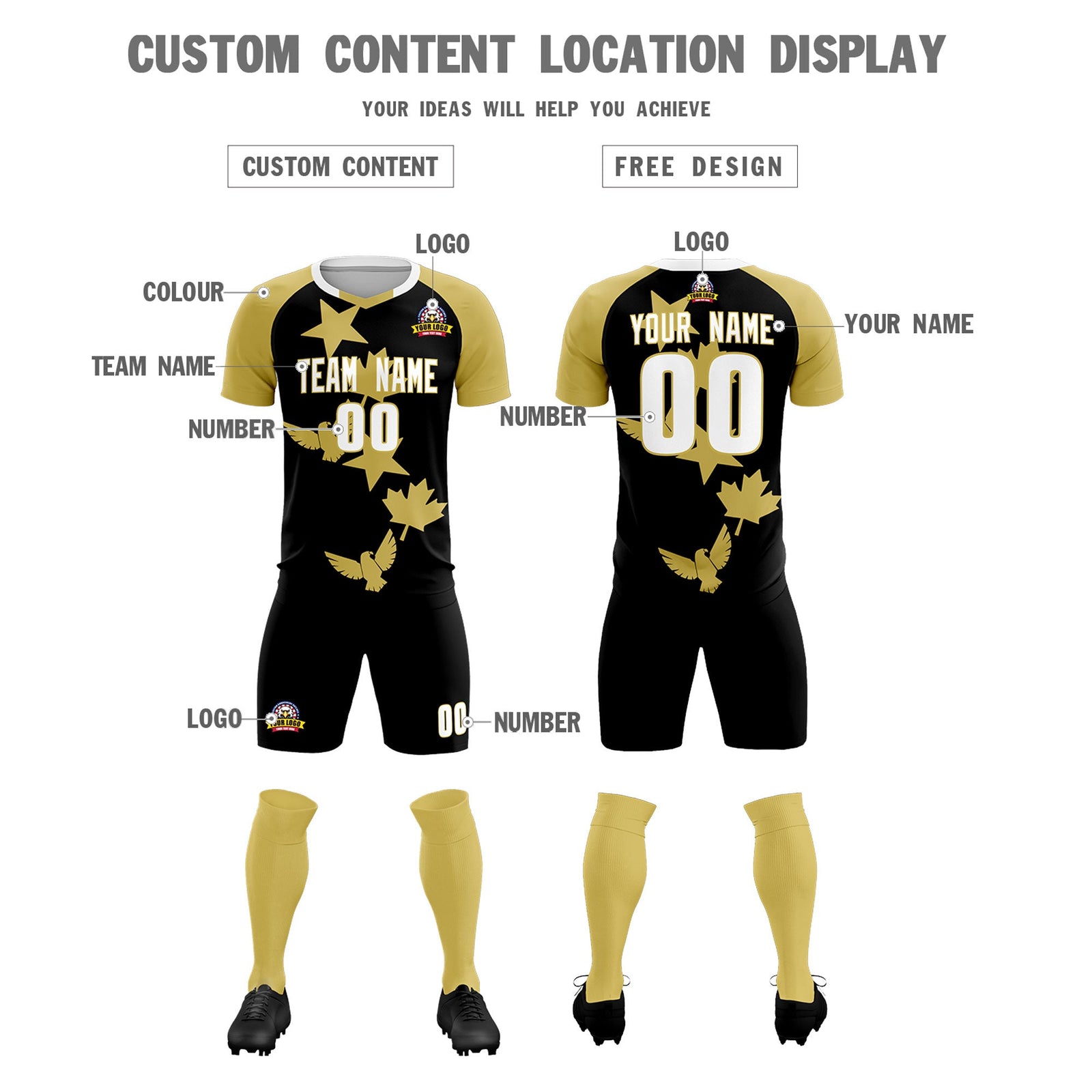 Custom Old Gold Black World Cup Inspired Wrinkle-Resistant Training Uniform Raglan Sleeve Soccer Sets Jersey