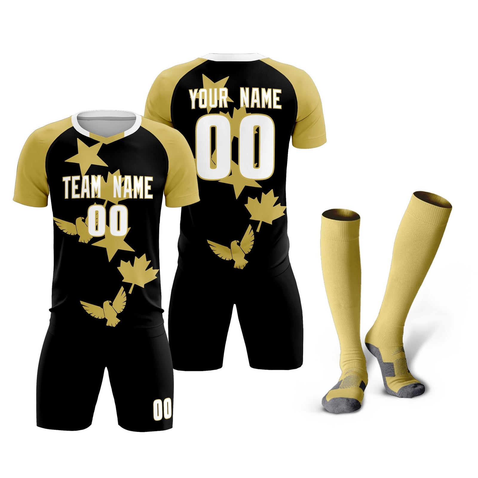 Custom Old Gold Black World Cup Inspired Wrinkle-Resistant Training Uniform Raglan Sleeve Soccer Sets Jersey