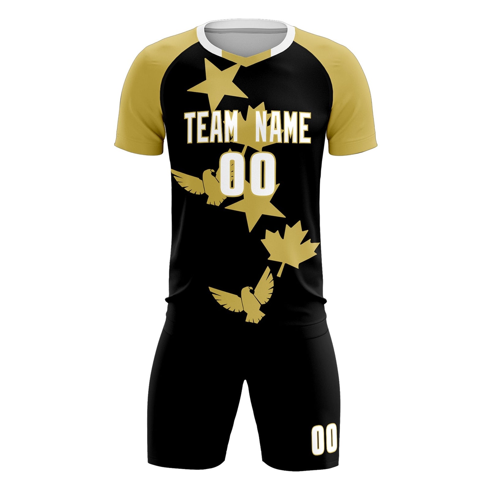 Custom Old Gold Black World Cup Inspired Wrinkle-Resistant Training Uniform Raglan Sleeve Soccer Sets Jersey