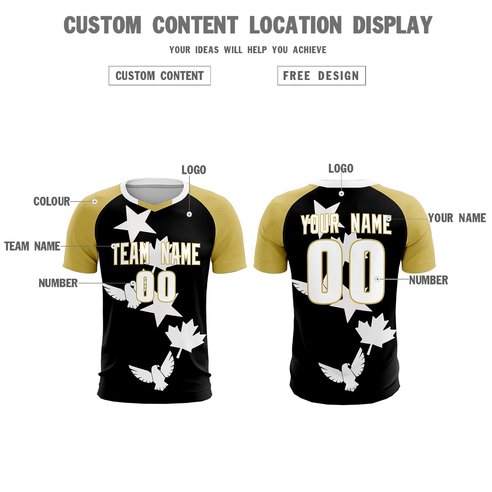 Custom Old Gold Black World Cup Inspired Quick-Drying Training Uniform Raglan Sleeve Soccer Sets Jersey