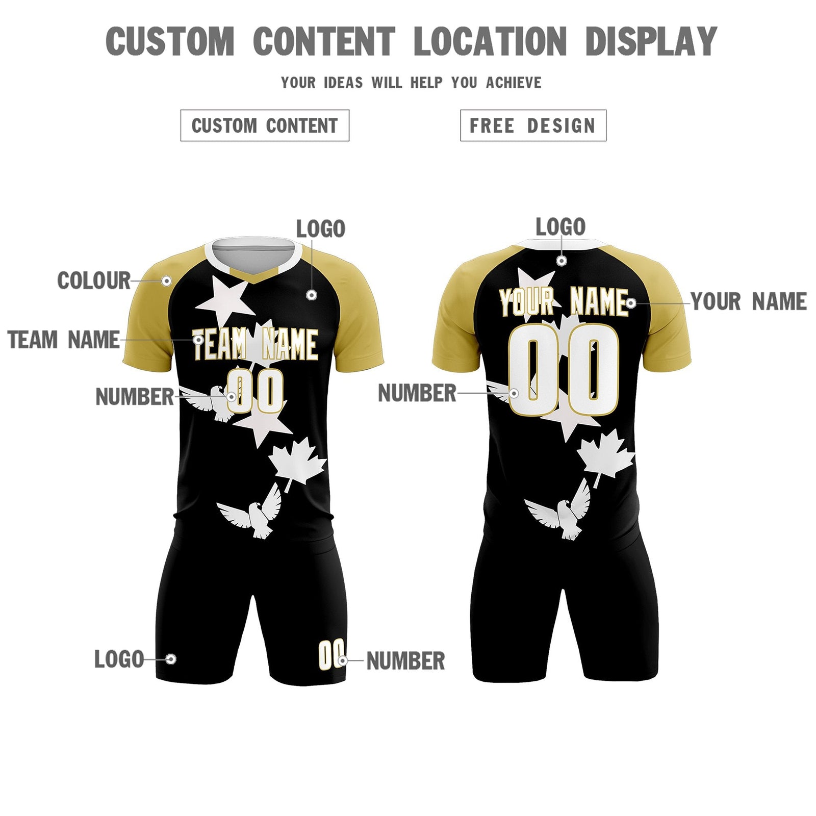 Custom Old Gold Black World Cup Inspired Quick-Drying Training Uniform Raglan Sleeve Soccer Sets Jersey