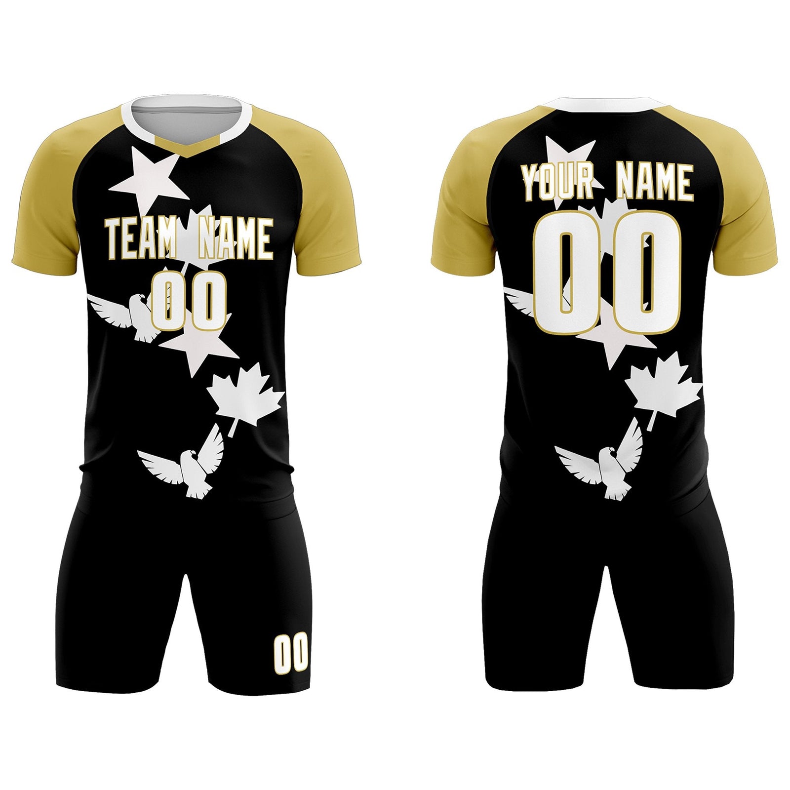 Custom Old Gold Black World Cup Inspired Quick-Drying Training Uniform Raglan Sleeve Soccer Sets Jersey