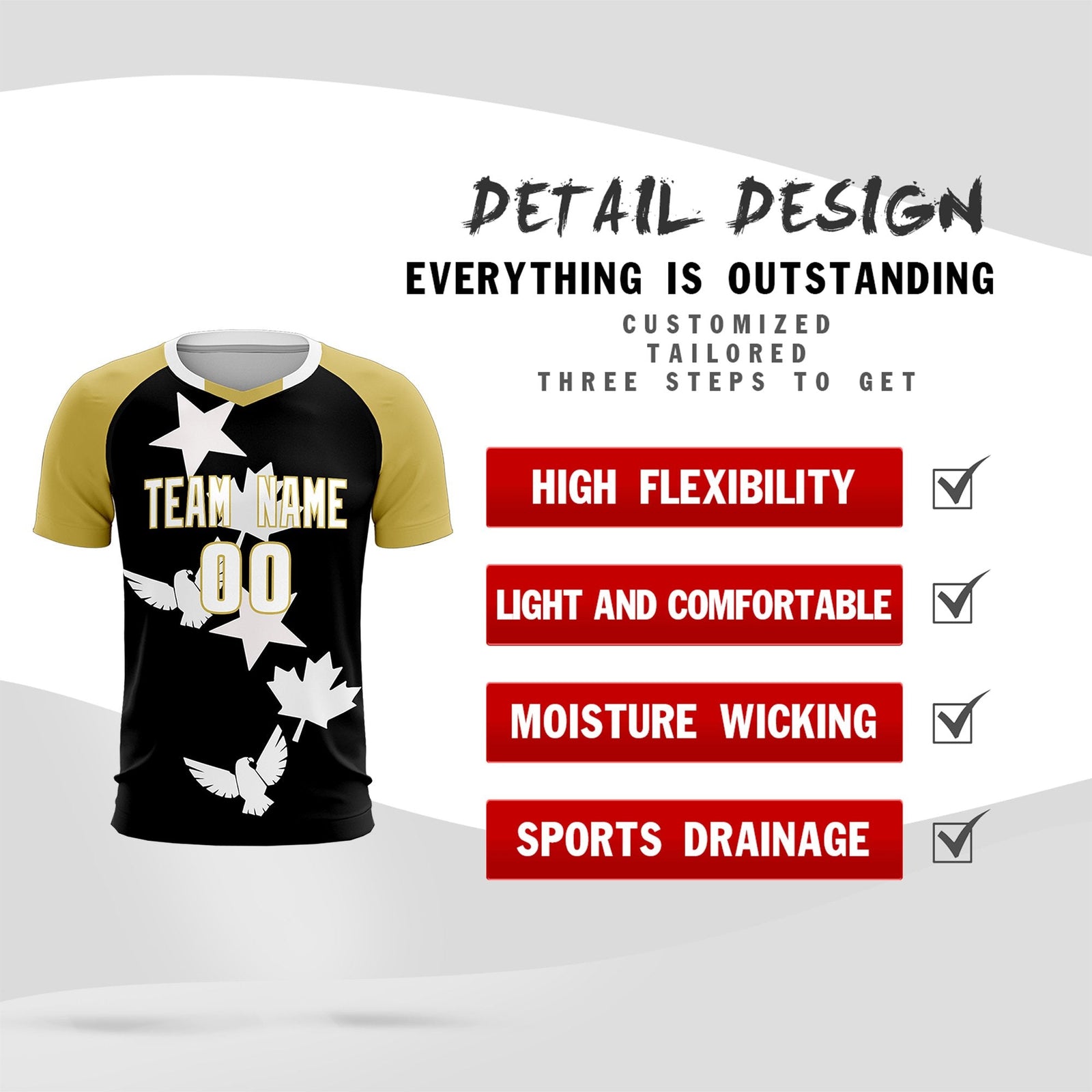 Custom Old Gold Black World Cup Inspired Quick-Drying Training Uniform Raglan Sleeve Soccer Sets Jersey