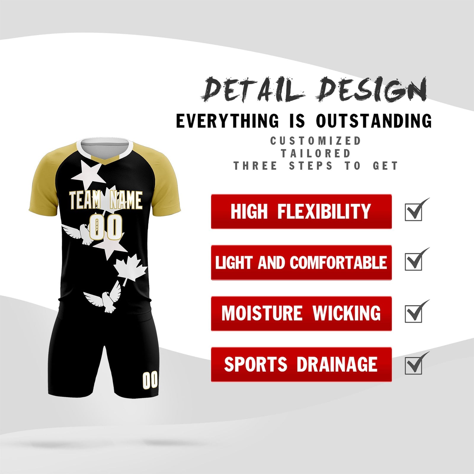 Custom Old Gold Black World Cup Inspired Quick-Drying Training Uniform Raglan Sleeve Soccer Sets Jersey