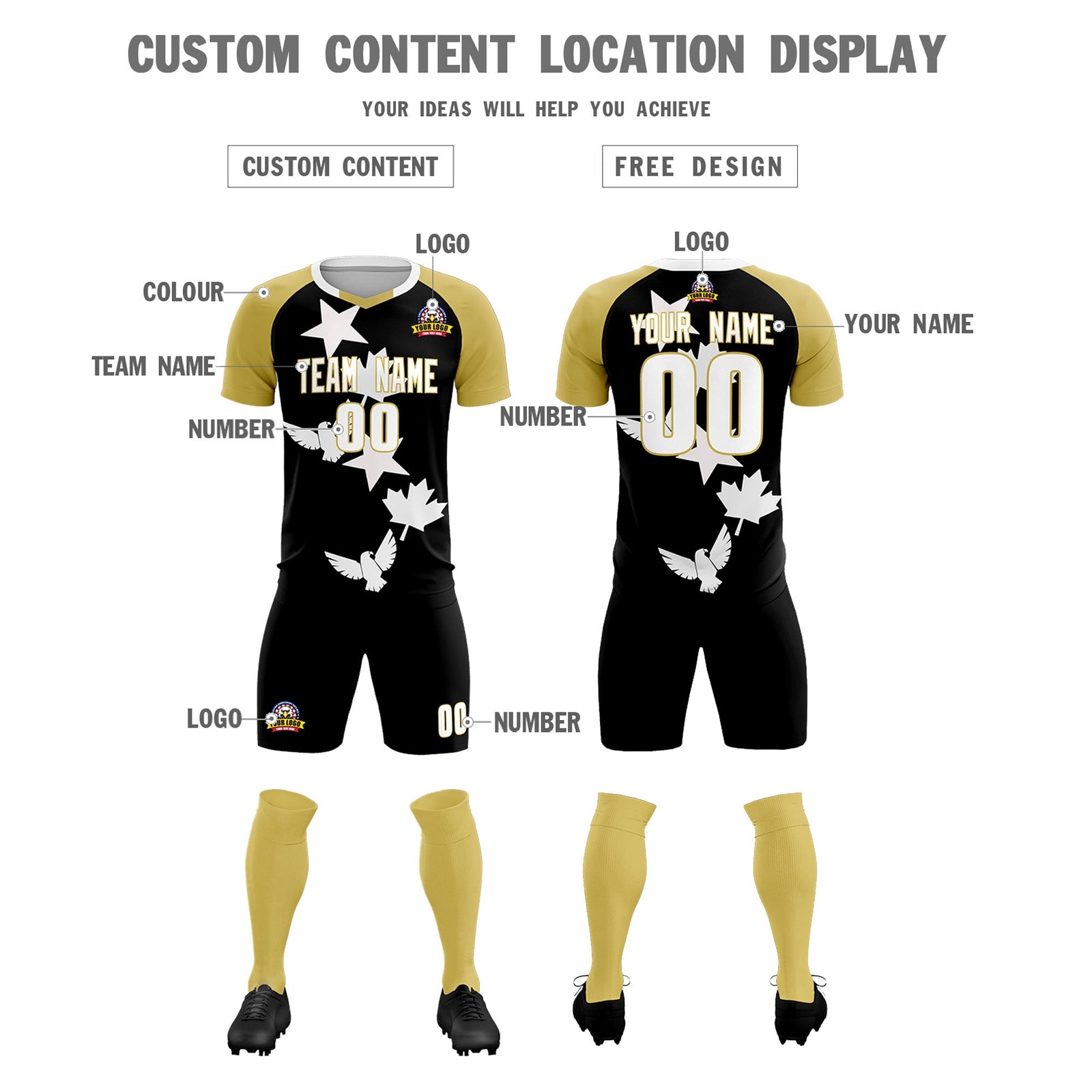 Custom Old Gold Black World Cup Inspired Quick-Drying Training Uniform Raglan Sleeve Soccer Sets Jersey