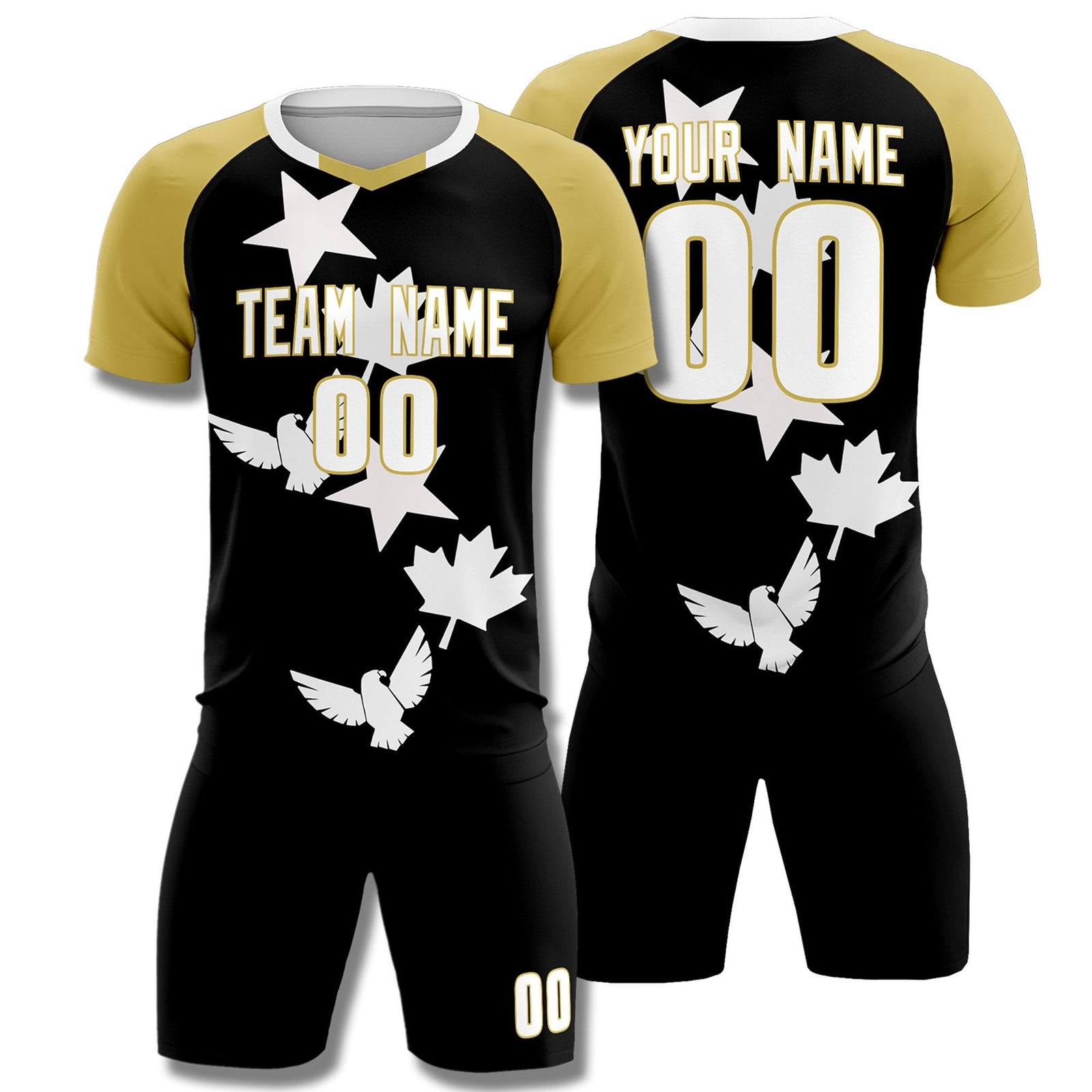 Custom Old Gold Black World Cup Inspired Quick-Drying Training Uniform Raglan Sleeve Soccer Sets Jersey