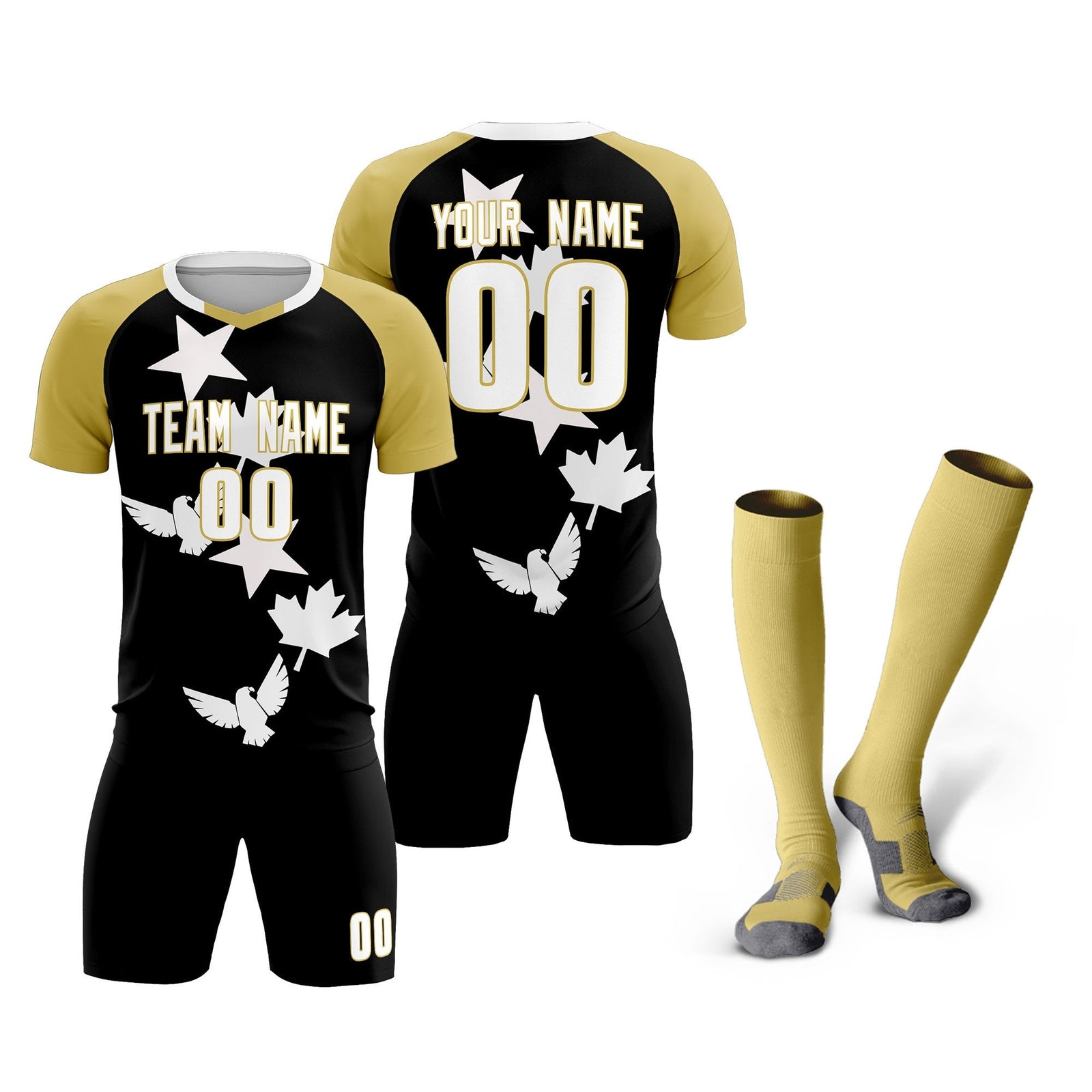 Custom Old Gold Black World Cup Inspired Quick-Drying Training Uniform Raglan Sleeve Soccer Sets Jersey