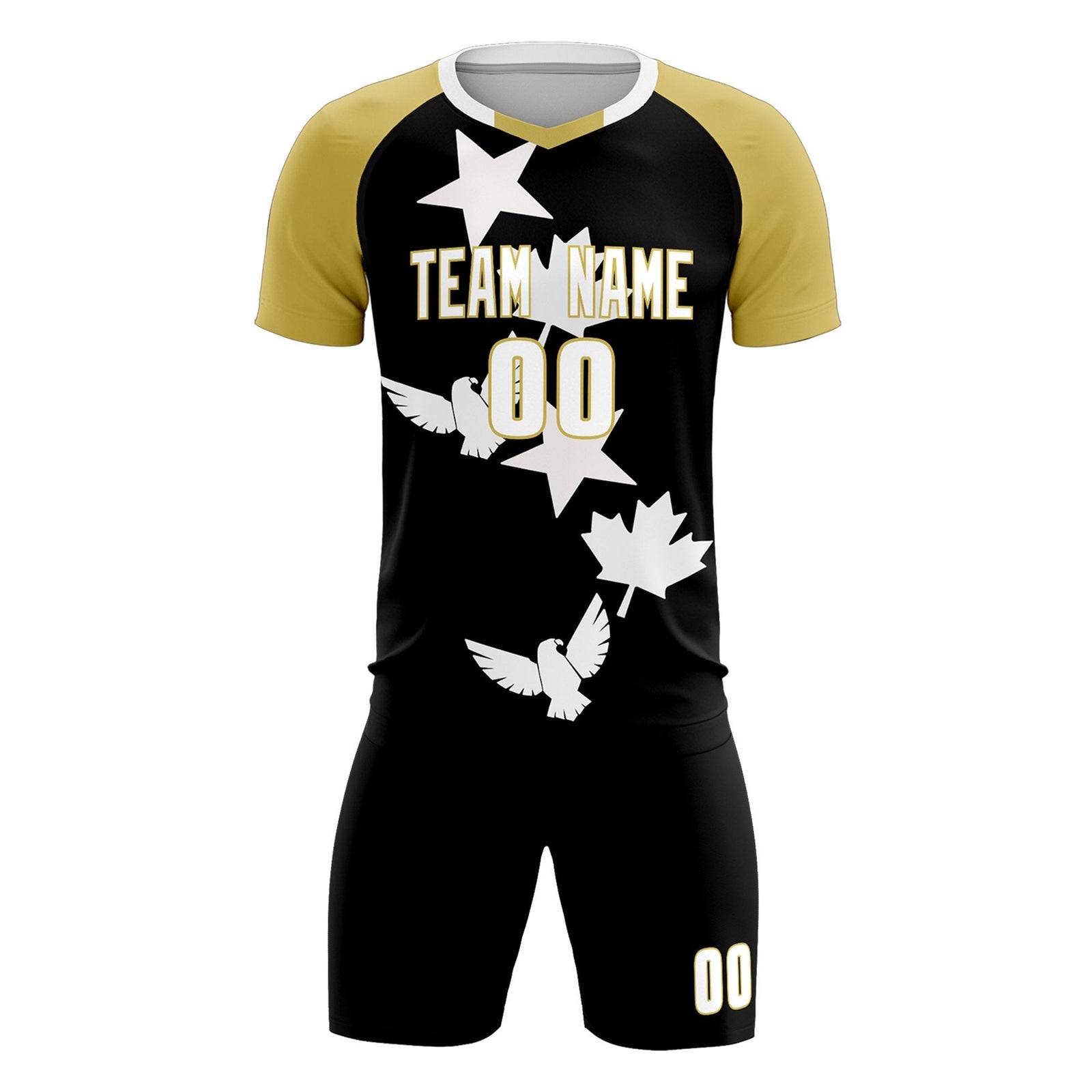 Custom Old Gold Black World Cup Inspired Quick-Drying Training Uniform Raglan Sleeve Soccer Sets Jersey