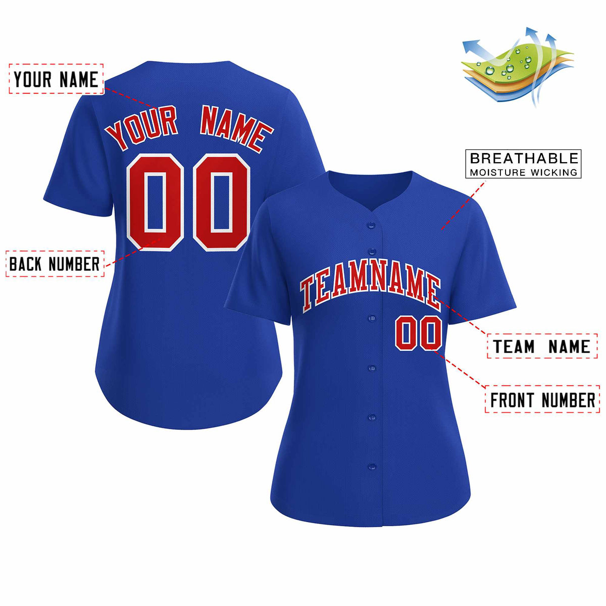 Custom Royal Red White Classic Style Baseball Jersey for Women
