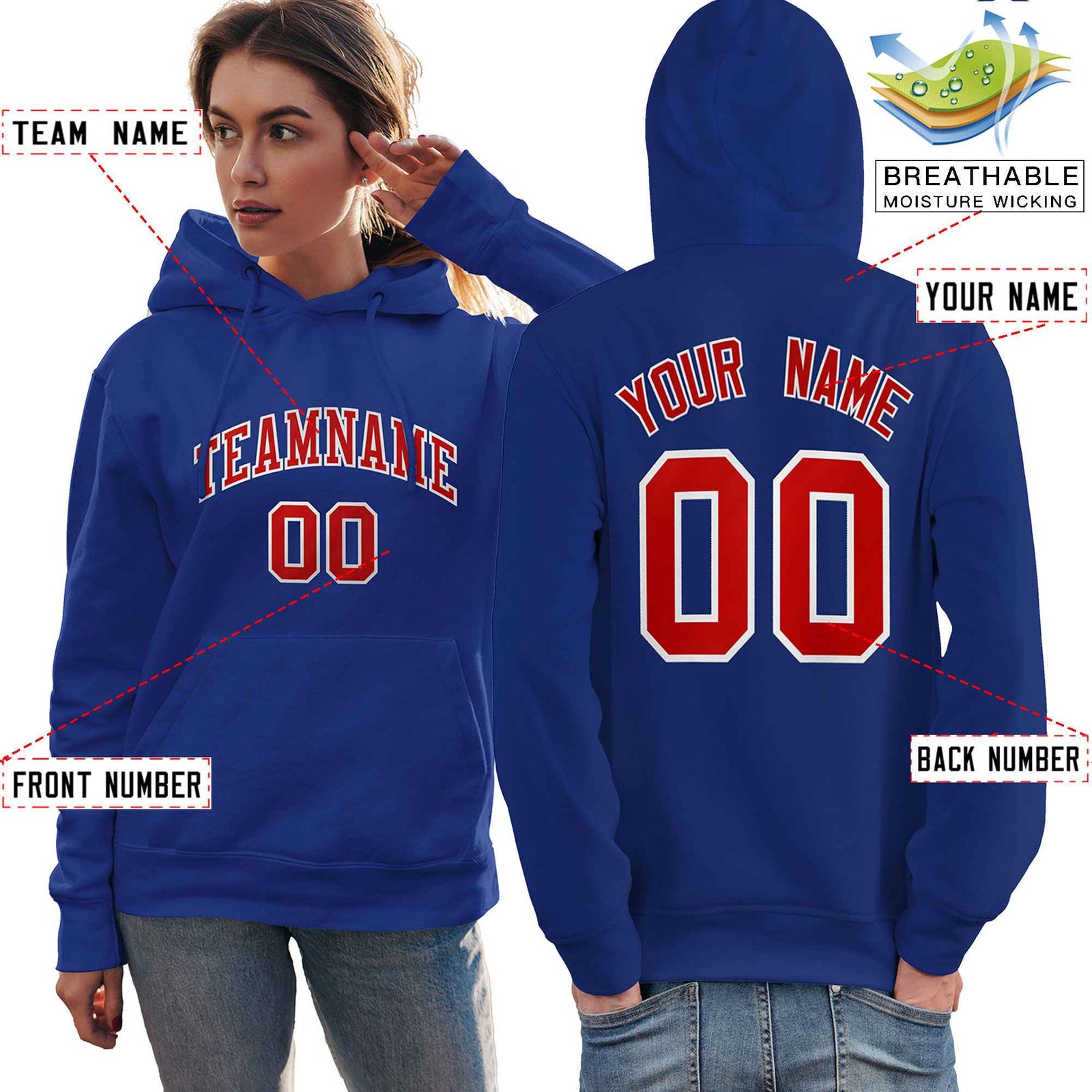 Custom Royal Red-White Classic Style Personalized Sport Pullover Hoodie