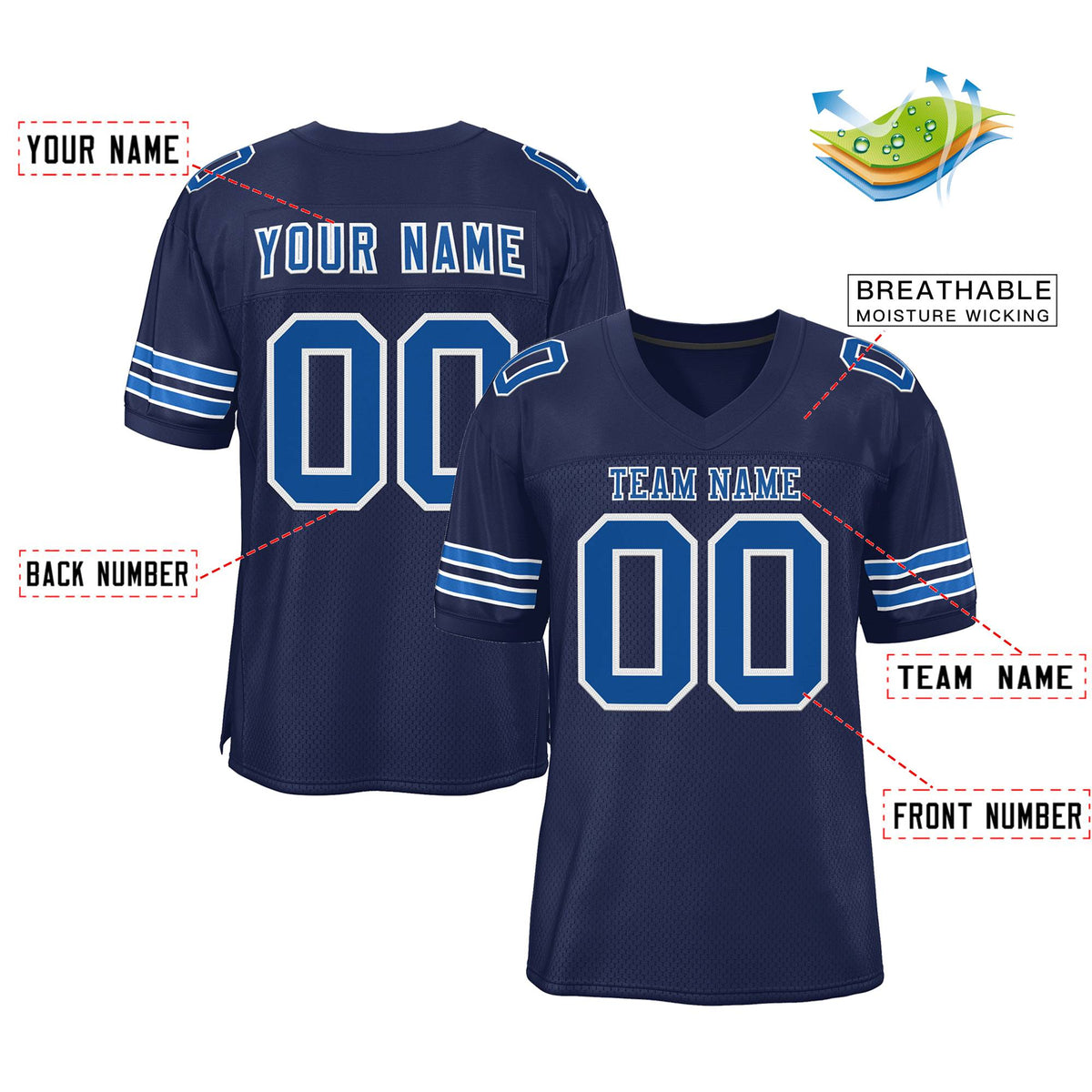 Custom Navy Royal-White Classic Style Mesh Authentic Football Jersey